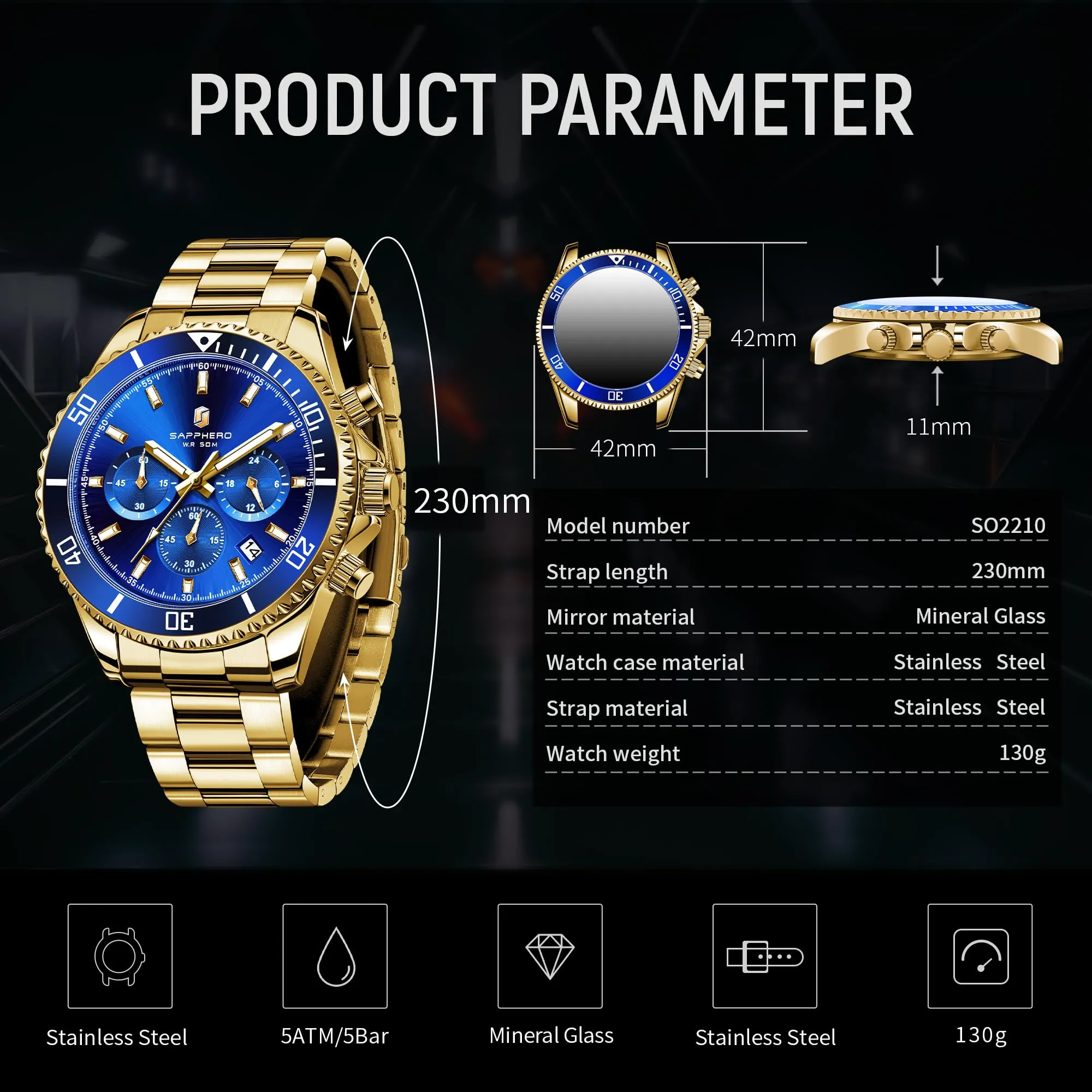 SAPPHERO Orologio Uomo Analogico al Quarzo Cronografo Impermeabile SO2210-10 Cinturino in Acciaio Inox - immagine 6