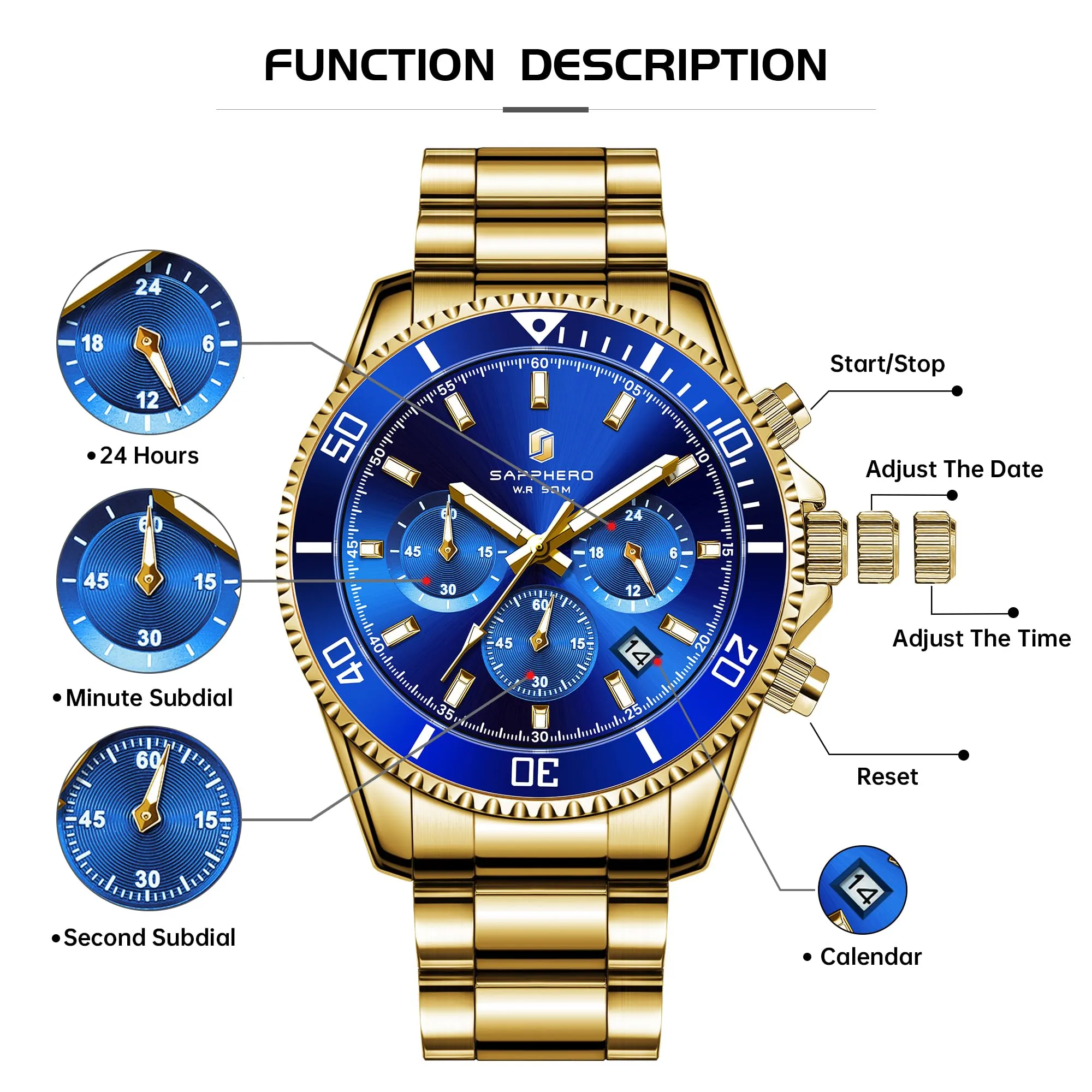 SAPPHERO Orologio Uomo Analogico al Quarzo Cronografo Impermeabile SO2210-10 Cinturino in Acciaio Inox - immagine 7