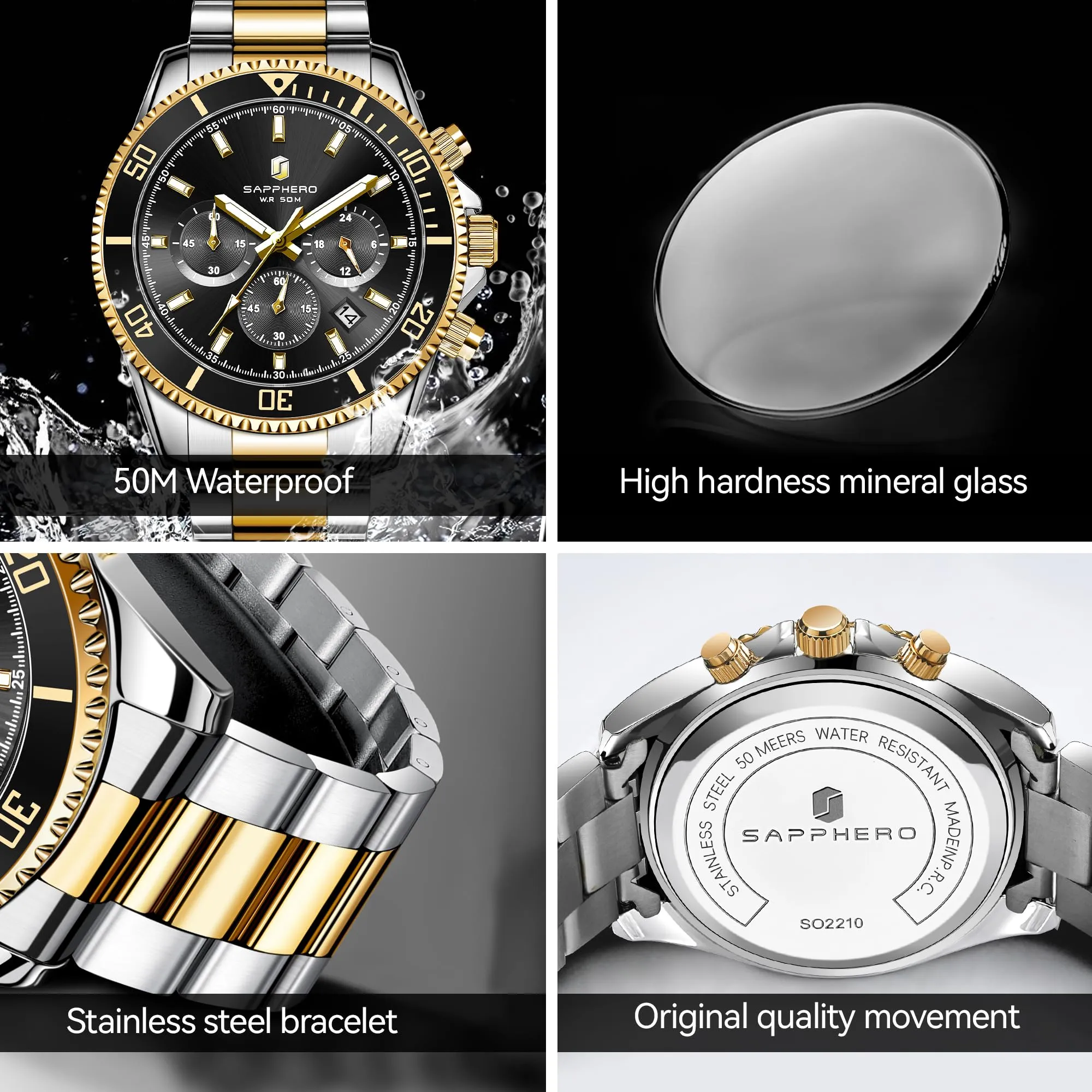 SAPPHERO Orologio Uomo Analogico al Quarzo Cronografo Impermeabile 5ATM con Data e Cinturino in Acciaio Inox SO2210-7 - immagine 4