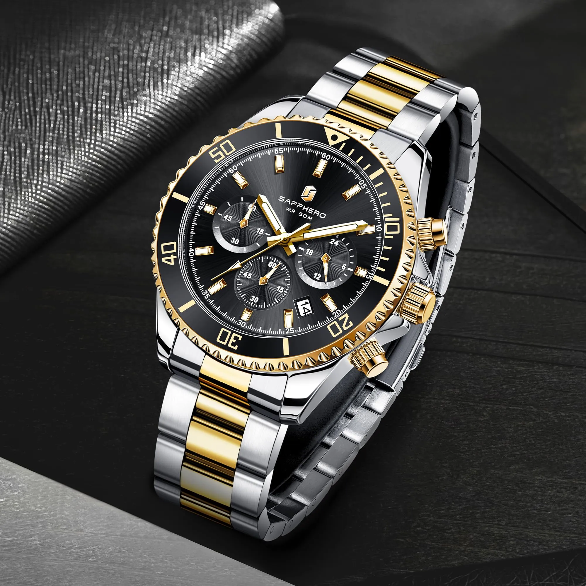 SAPPHERO Orologio Uomo Analogico al Quarzo Cronografo Impermeabile 5ATM con Data e Cinturino in Acciaio Inox SO2210-7 - immagine 5