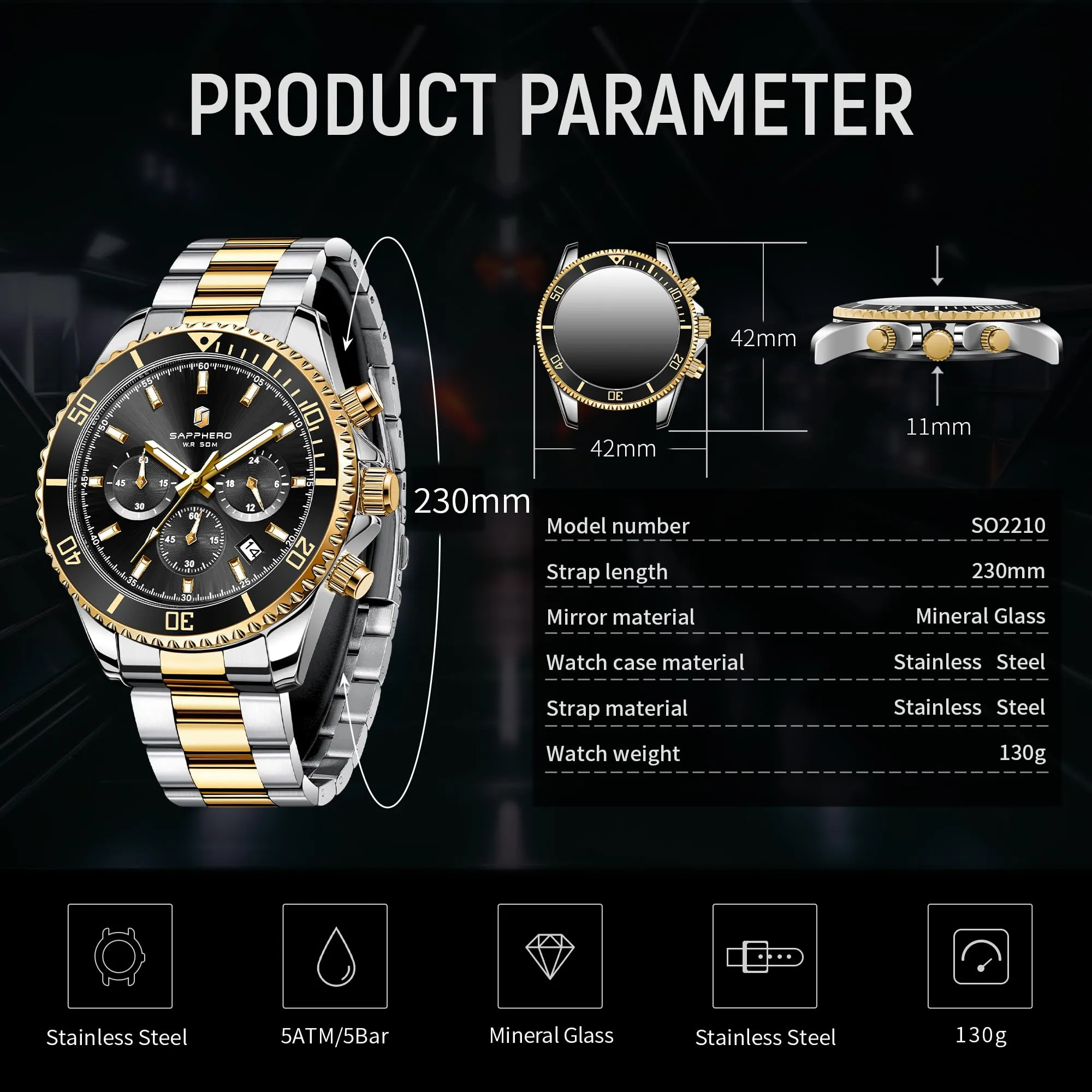 SAPPHERO Orologio Uomo Analogico al Quarzo Cronografo Impermeabile 5ATM con Data e Cinturino in Acciaio Inox SO2210-7 - immagine 6