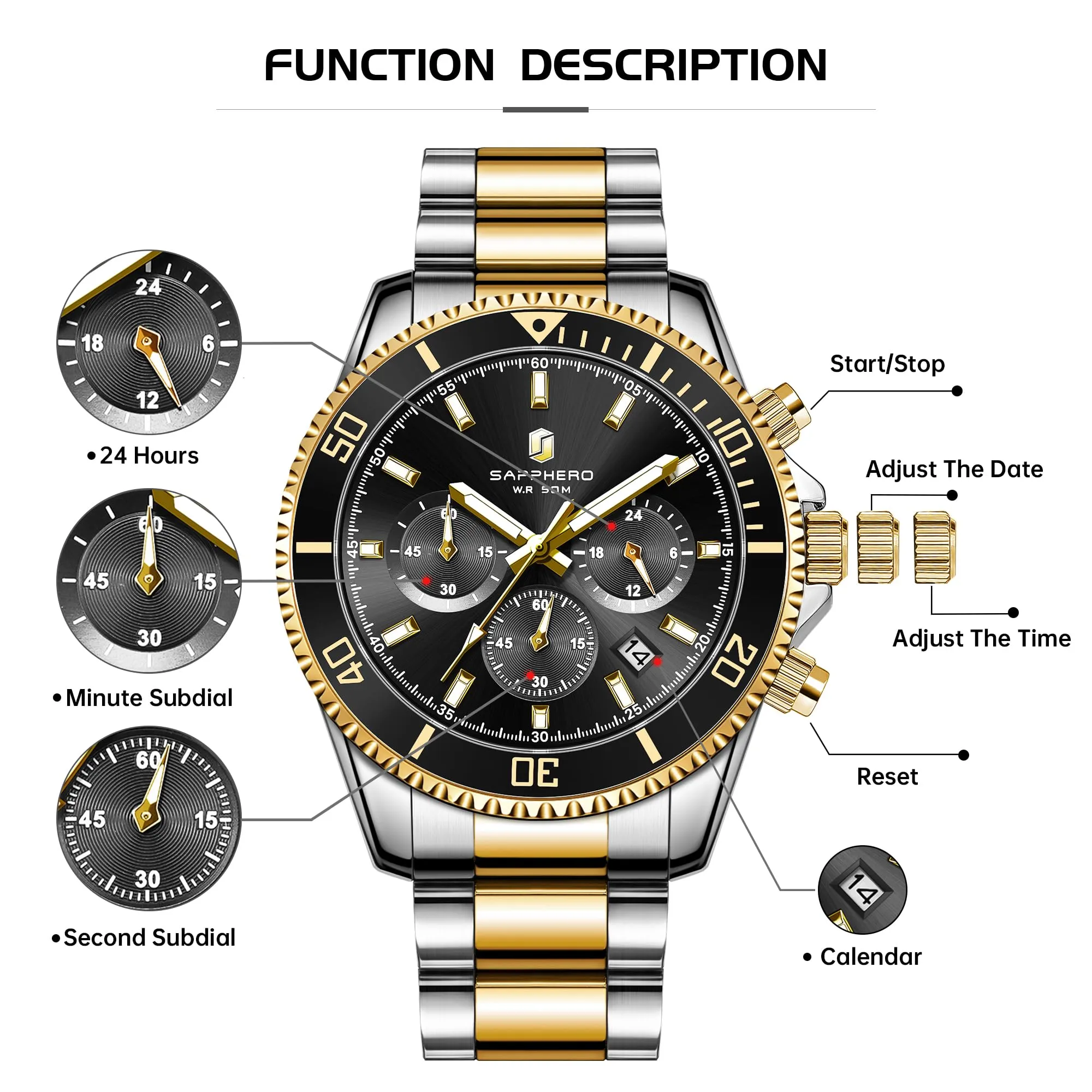 SAPPHERO Orologio Uomo Analogico al Quarzo Cronografo Impermeabile 5ATM con Data e Cinturino in Acciaio Inox SO2210-7 - immagine 7