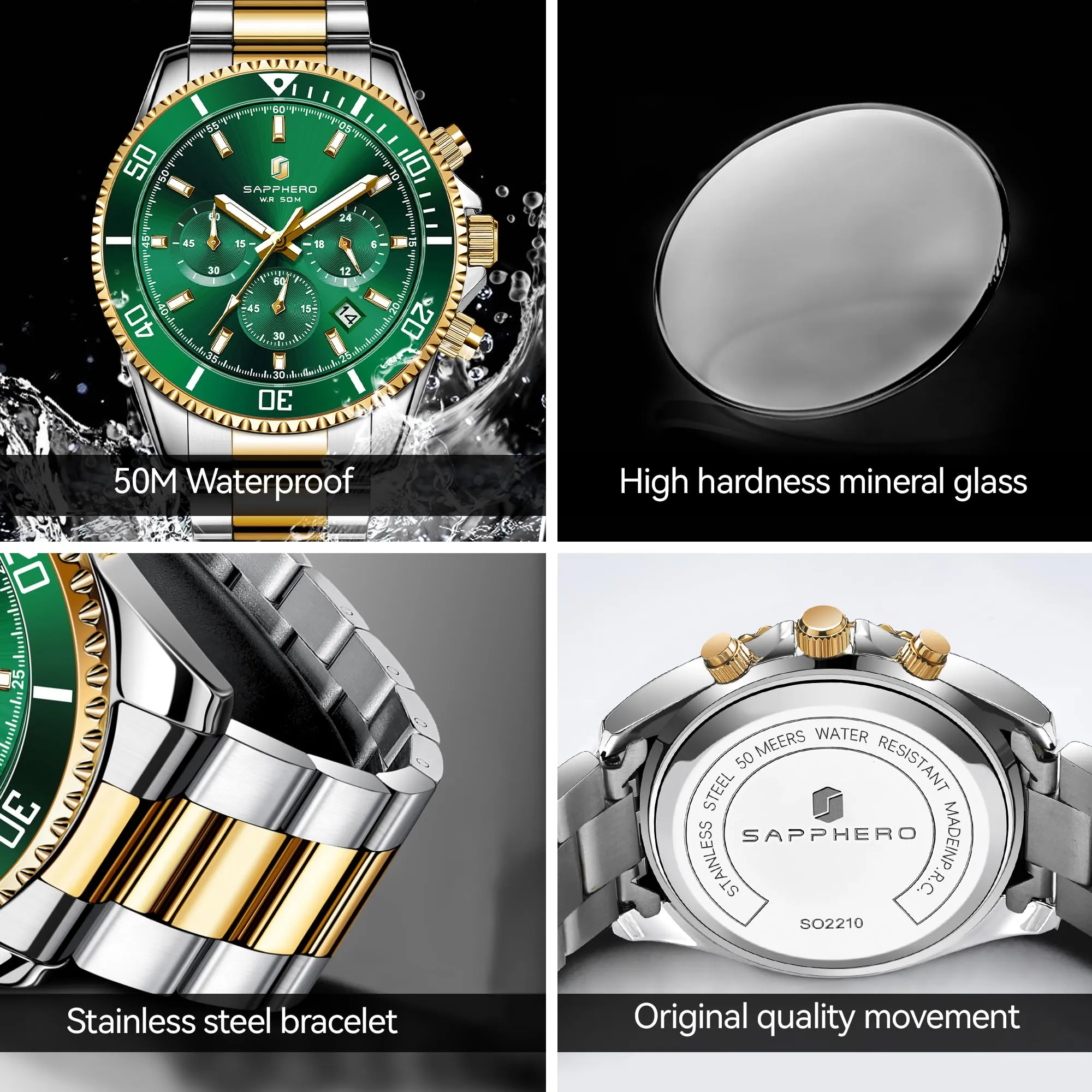 SAPPHERO Orologio Uomo Analogico al Quarzo Cronografo Impermeabile con Data, Cinturino in Acciaio Inox, SO2210-8 - immagine 5