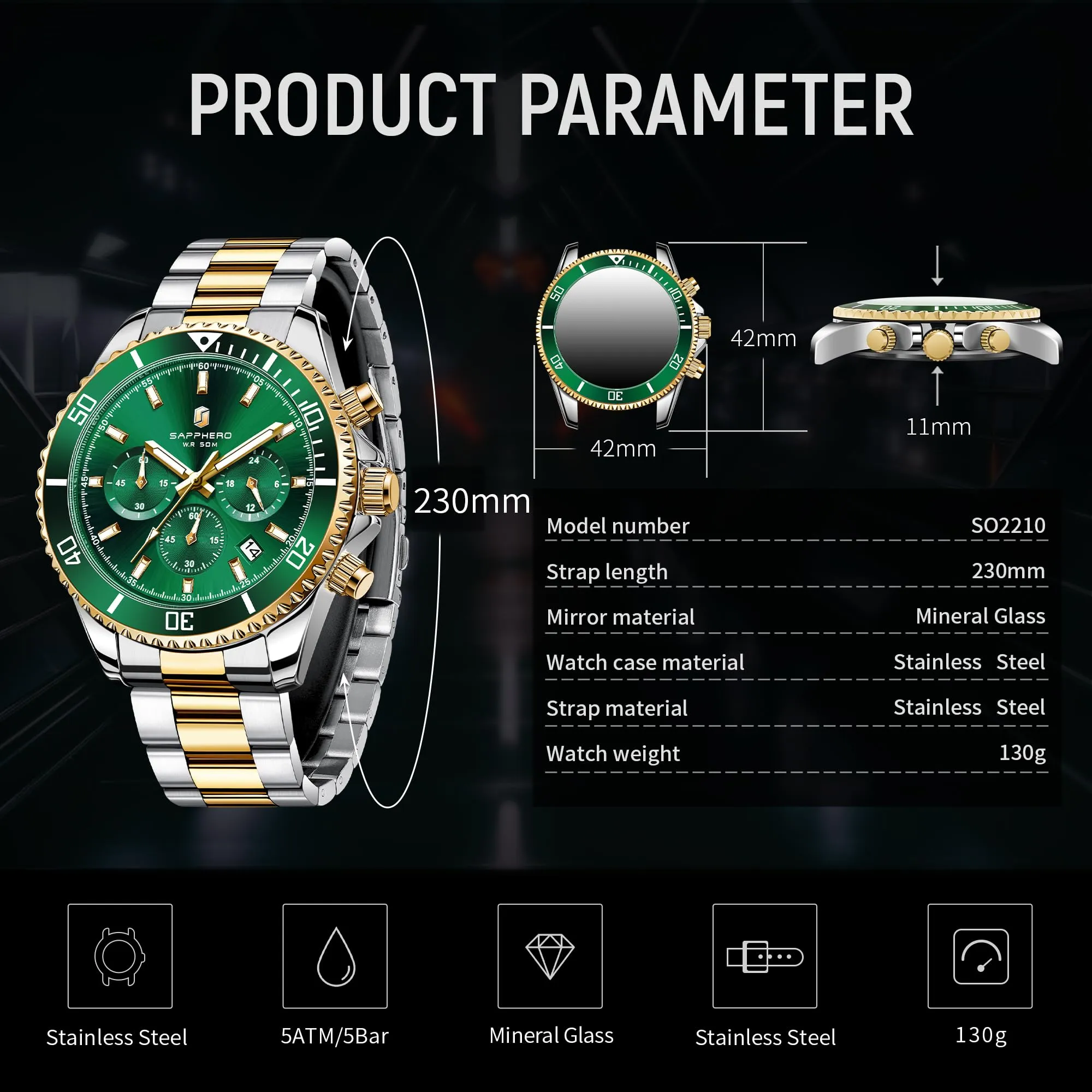 SAPPHERO Orologio Uomo Analogico al Quarzo Cronografo Impermeabile con Data, Cinturino in Acciaio Inox, SO2210-8 - immagine 6