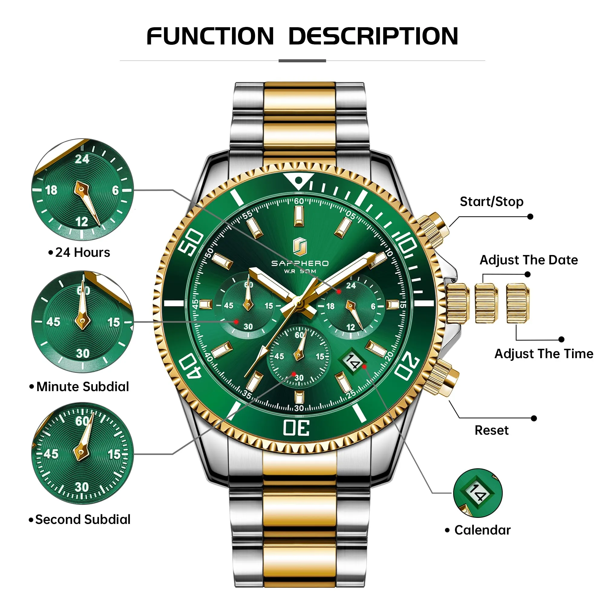 SAPPHERO Orologio Uomo Analogico al Quarzo Cronografo Impermeabile con Data, Cinturino in Acciaio Inox, SO2210-8 - immagine 7