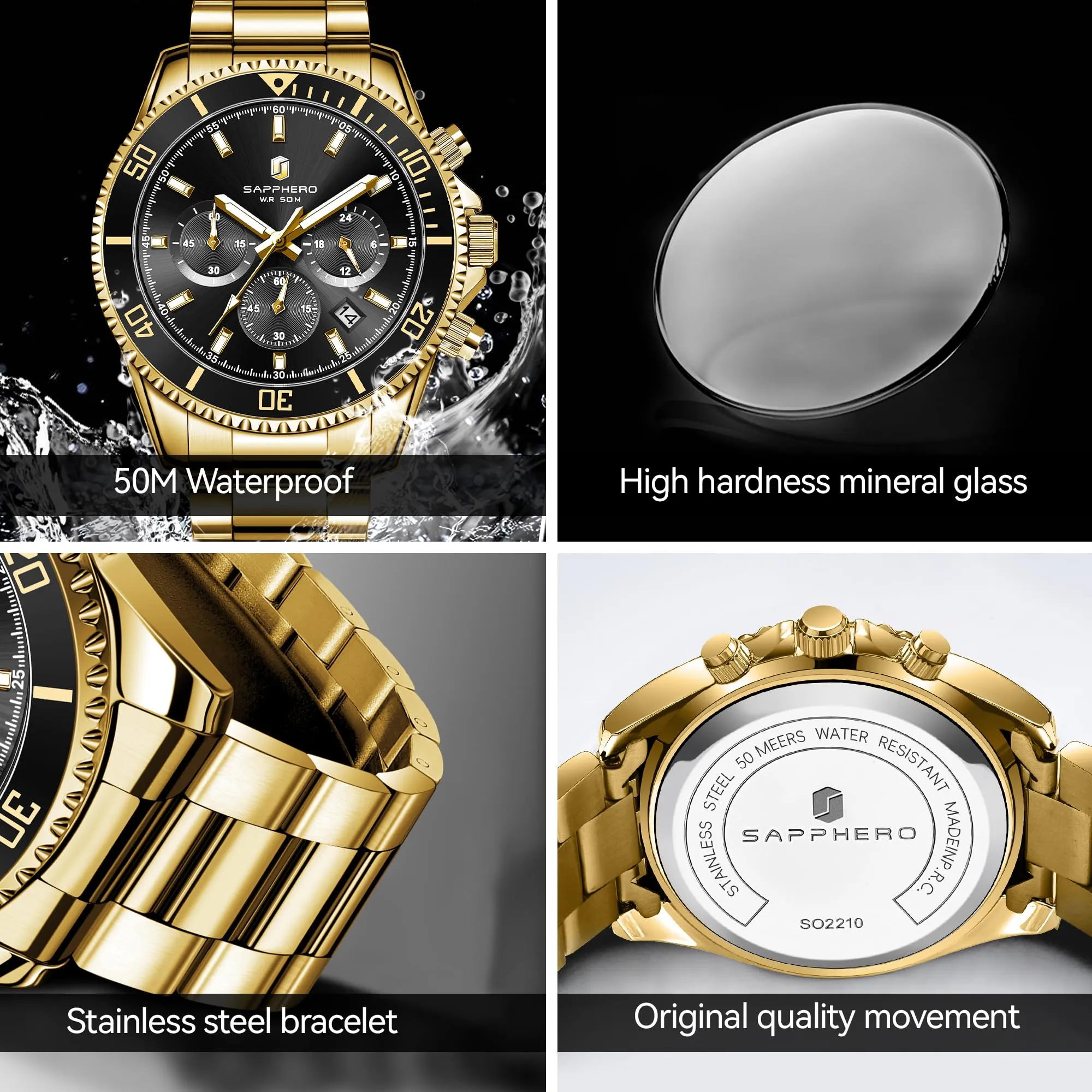 SAPPHERO Orologio Uomo Analogico al Quarzo Cronografo Impermeabile 5ATM SO2210-9 in Acciaio Inox - immagine 5