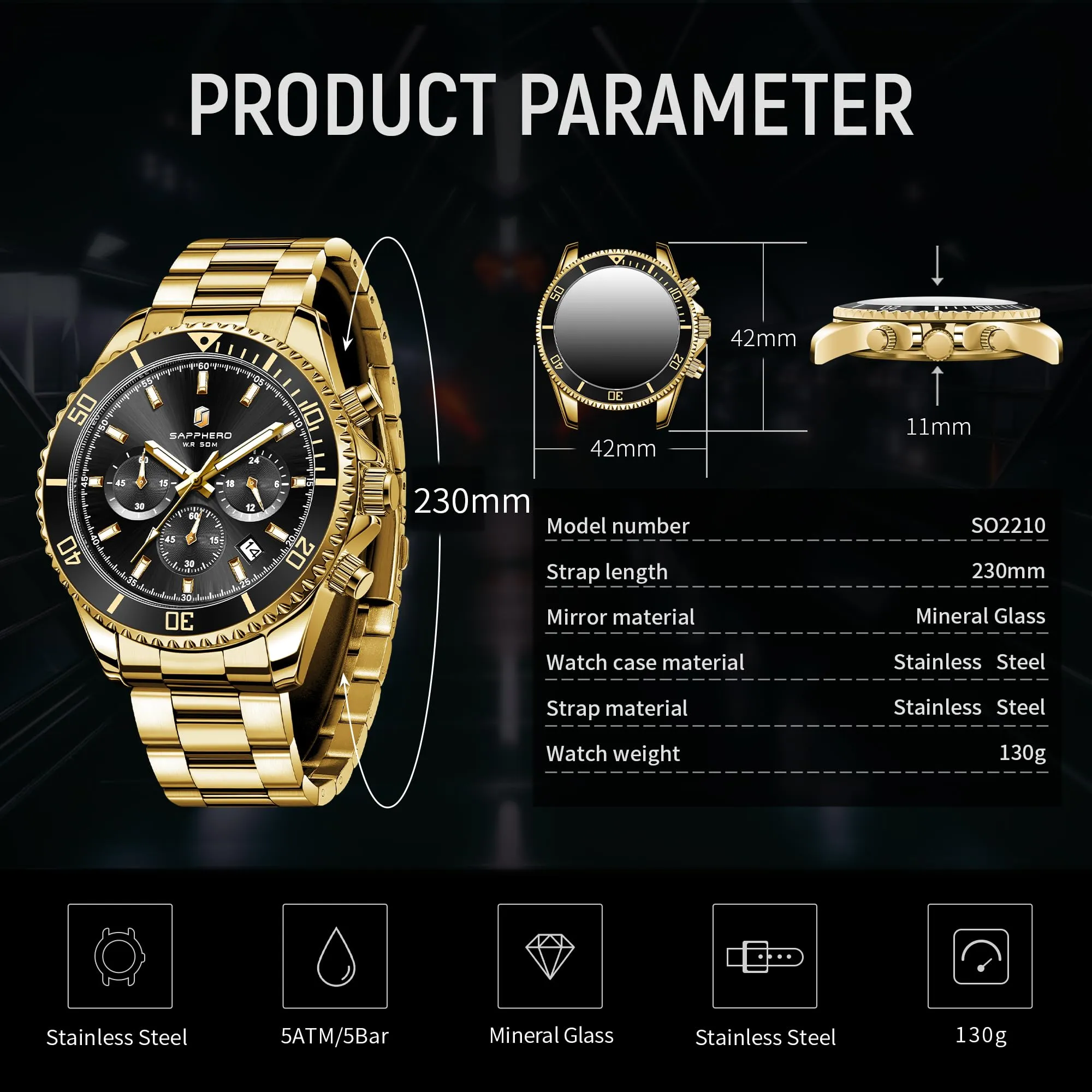 SAPPHERO Orologio Uomo Analogico al Quarzo Cronografo Impermeabile 5ATM SO2210-9 in Acciaio Inox - immagine 6