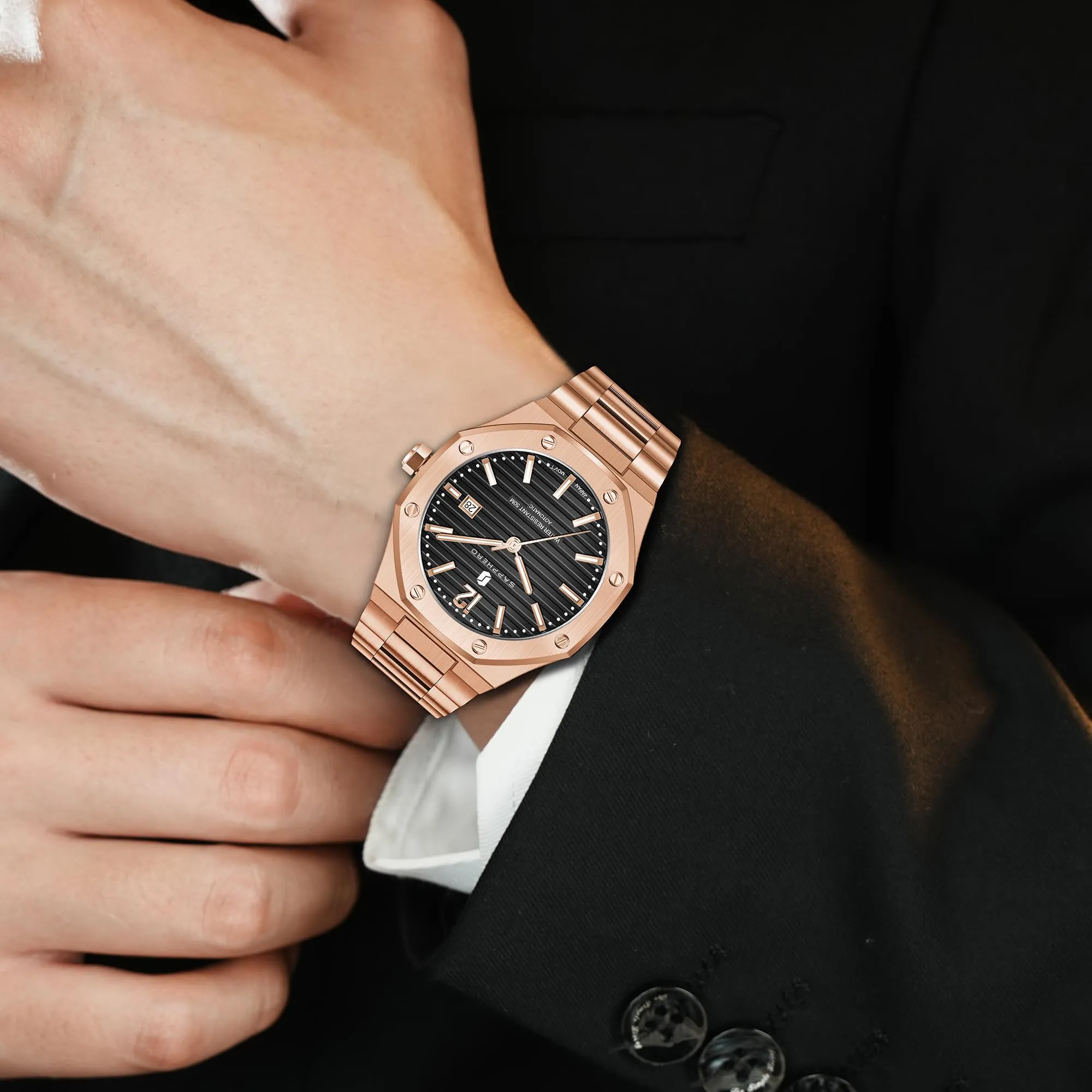 SAPPHERO Orologio da uomo analogico al quarzo cronografo in acciaio inossidabile impermeabile 50m con calendario - immagine 2