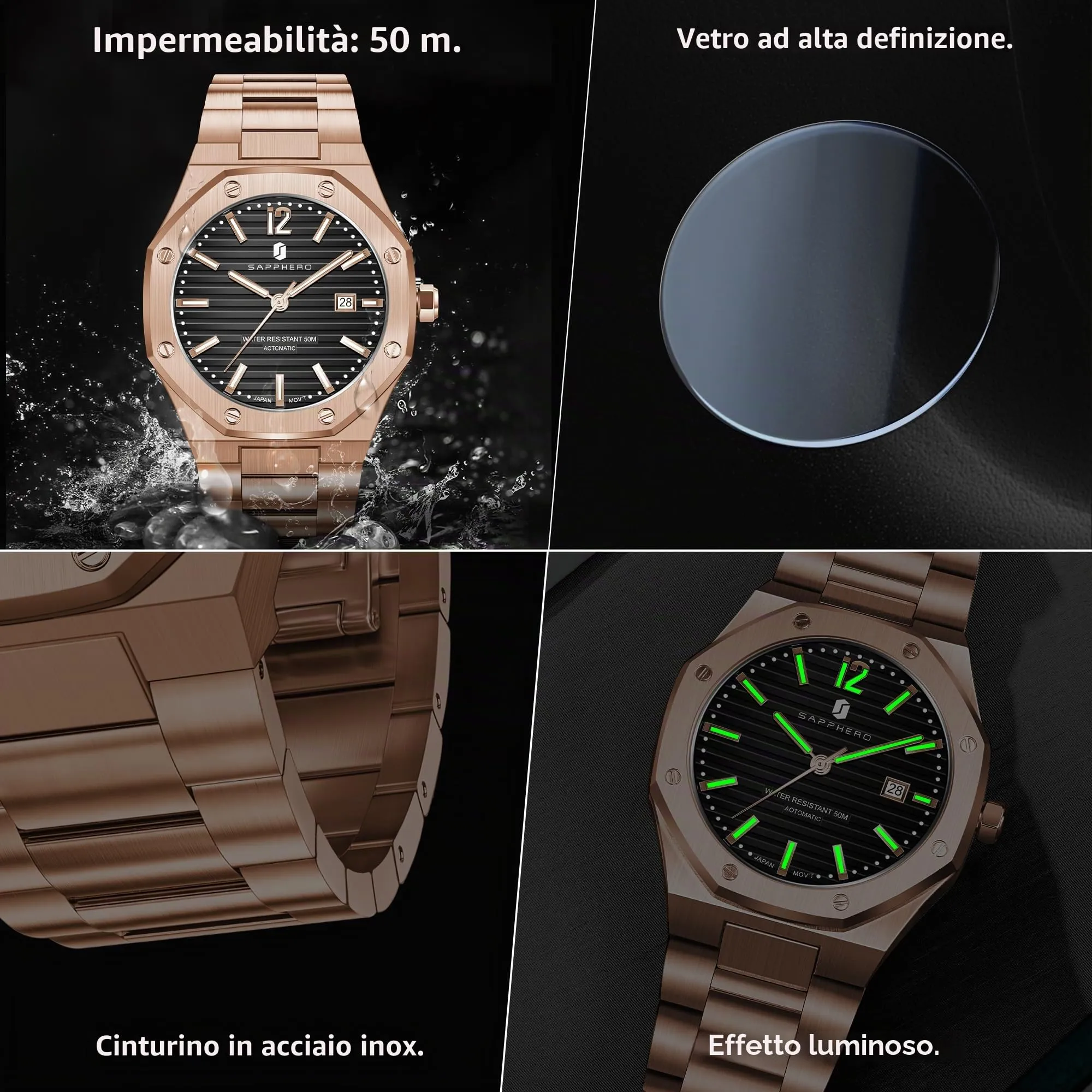 SAPPHERO Orologio da uomo analogico al quarzo cronografo in acciaio inossidabile impermeabile 50m con calendario - immagine 5