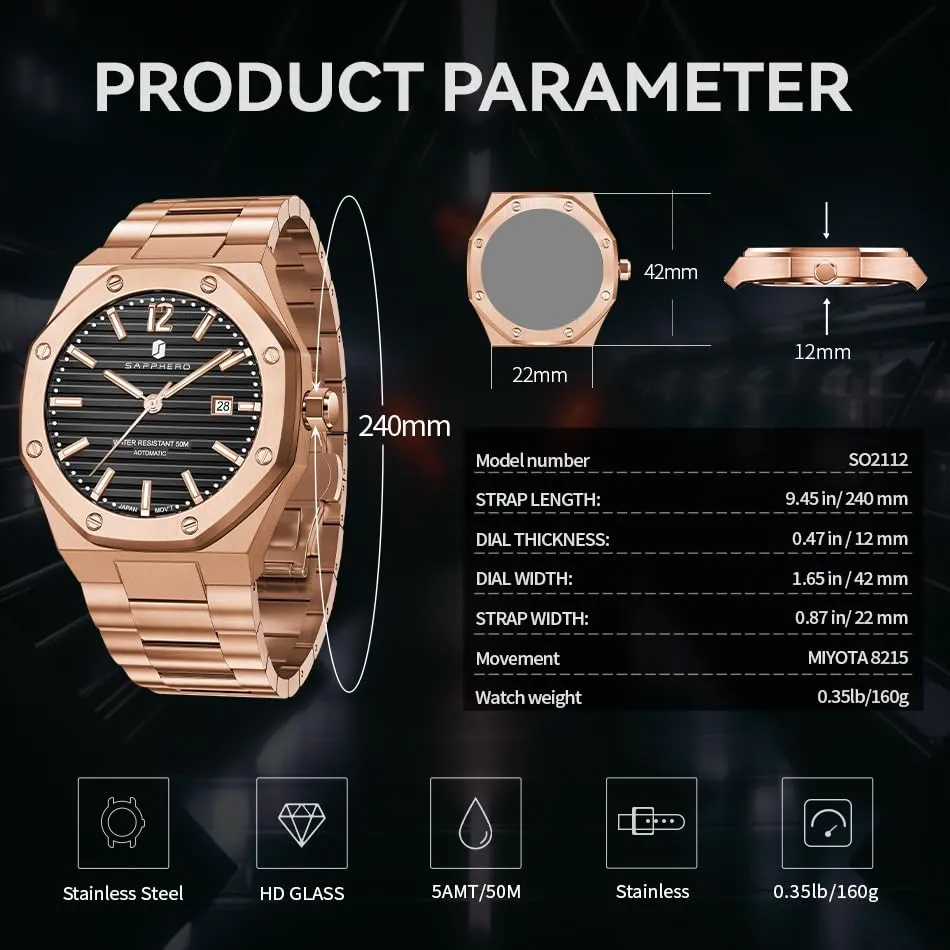SAPPHERO Orologio da uomo analogico al quarzo cronografo in acciaio inossidabile impermeabile 50m con calendario - immagine 6