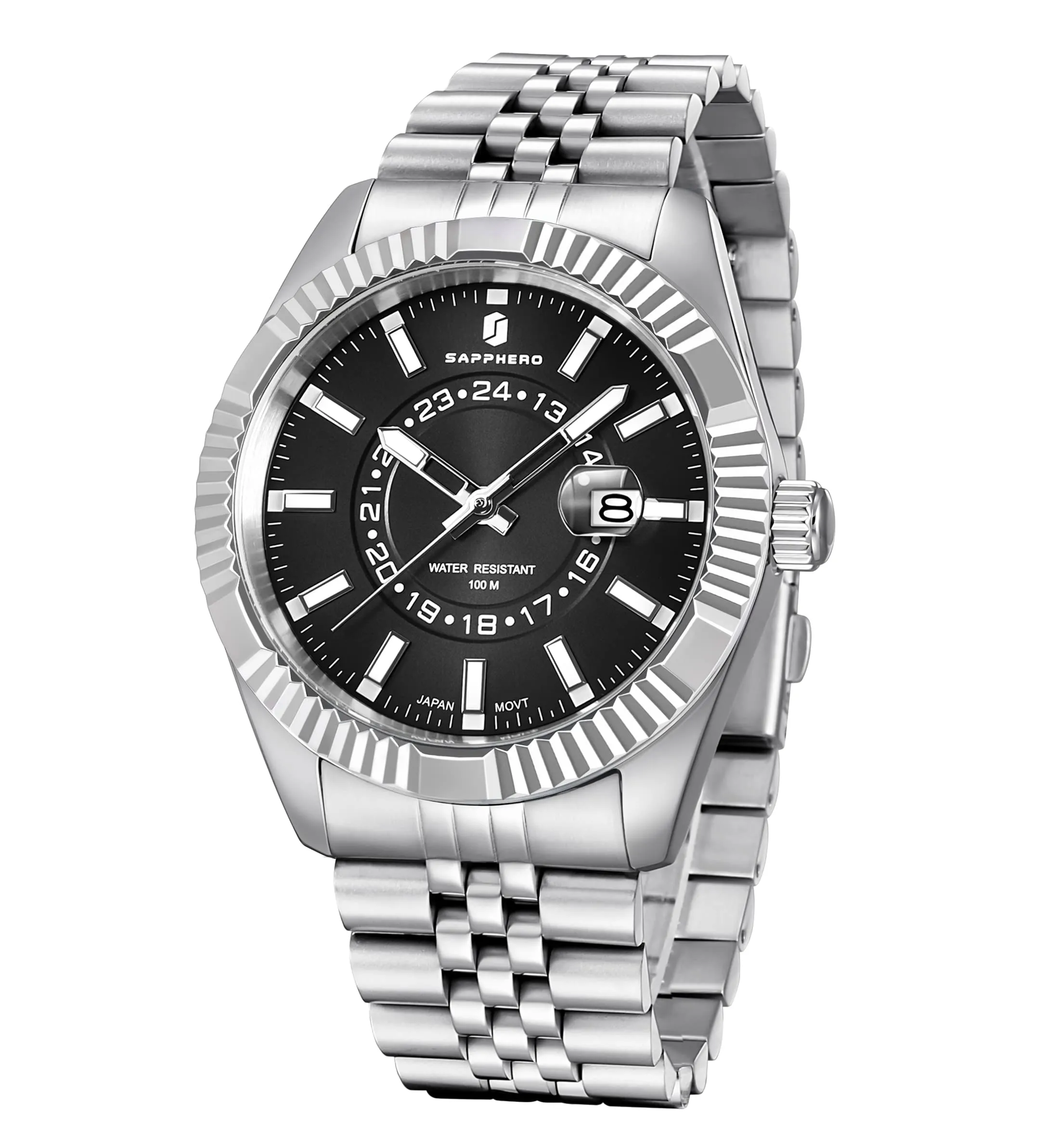 SAPPHERO Orologio Uomo Analogico al Quarzo Cronografo 50M Impermeabile, Cinturino in Acciaio, Argento-Nero - immagine 1
