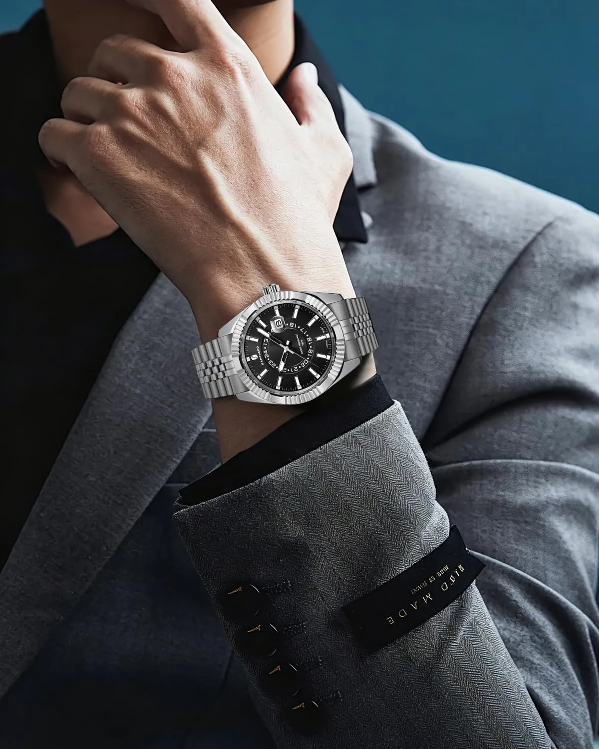 SAPPHERO Orologio Uomo Analogico al Quarzo Cronografo 50M Impermeabile, Cinturino in Acciaio, Argento-Nero - immagine 3