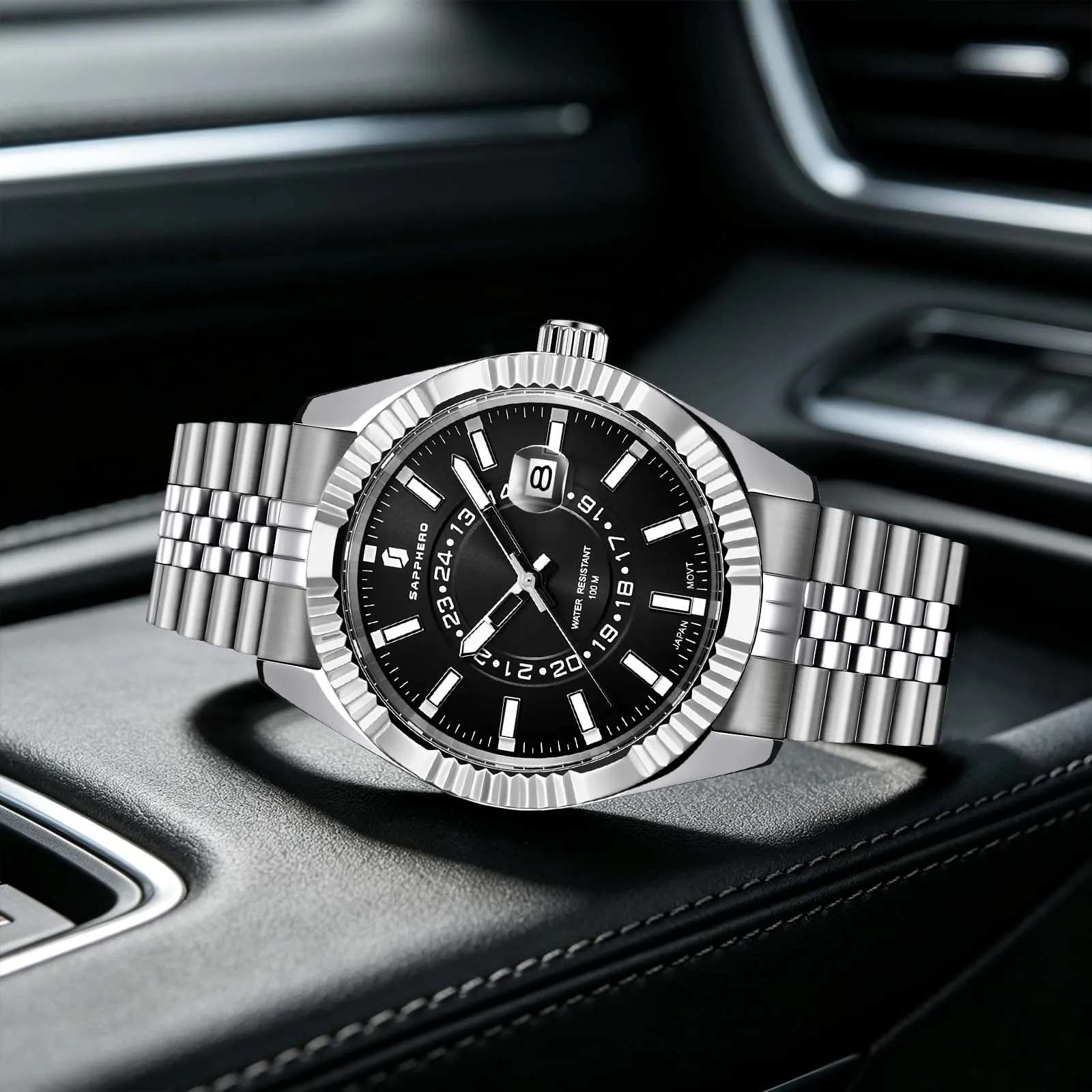 SAPPHERO Orologio Uomo Analogico al Quarzo Cronografo 50M Impermeabile, Cinturino in Acciaio, Argento-Nero - immagine 4