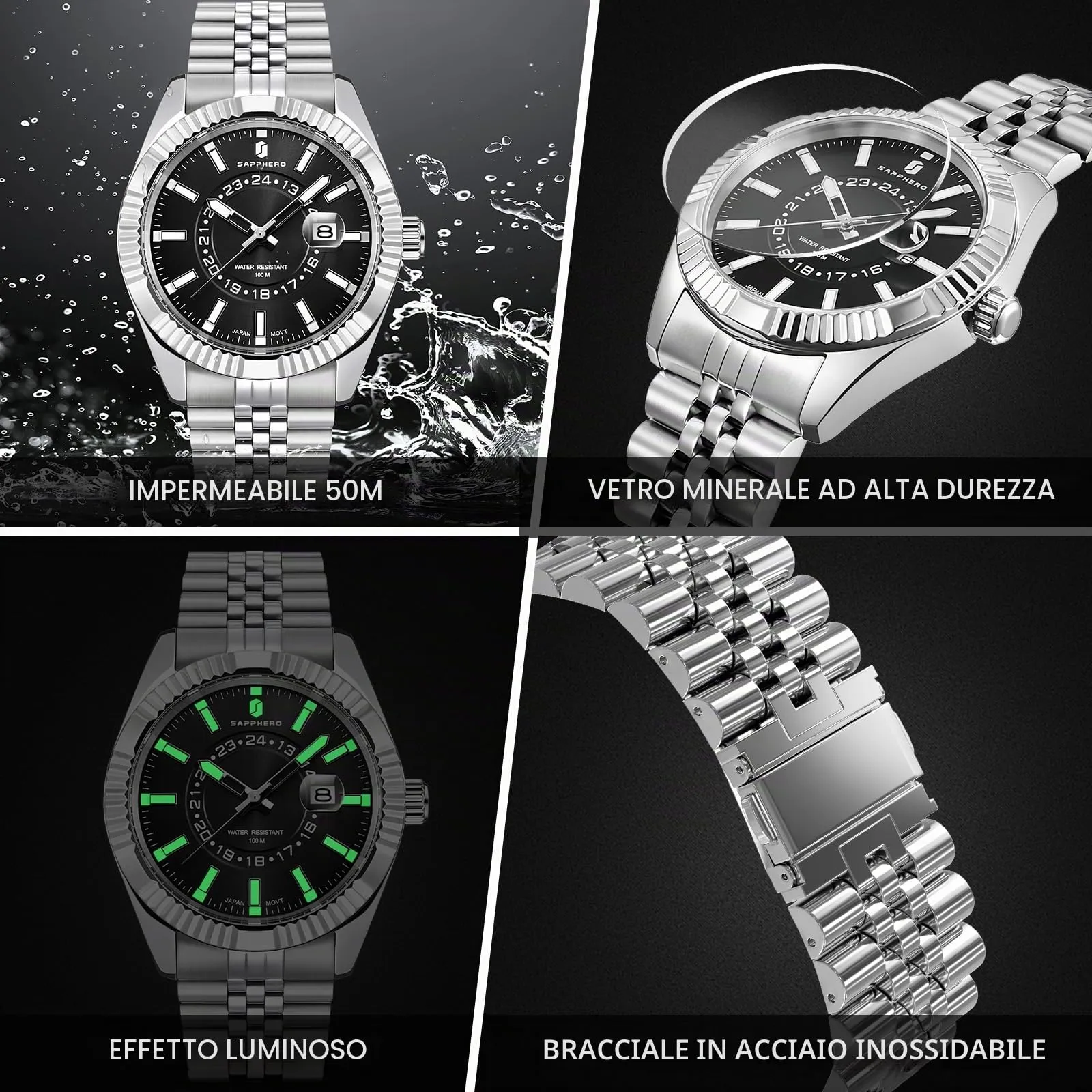 SAPPHERO Orologio Uomo Analogico al Quarzo Cronografo 50M Impermeabile, Cinturino in Acciaio, Argento-Nero - immagine 5