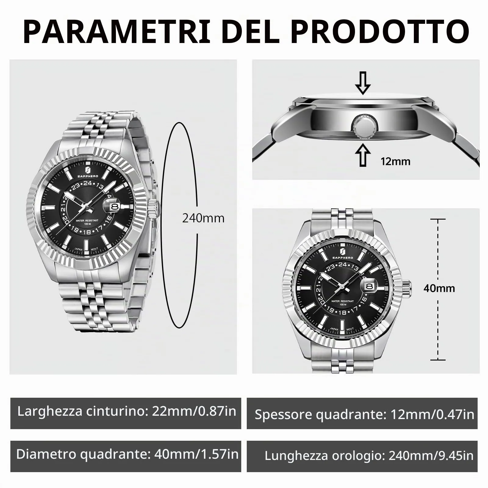 SAPPHERO Orologio Uomo Analogico al Quarzo Cronografo 50M Impermeabile, Cinturino in Acciaio, Argento-Nero - immagine 6