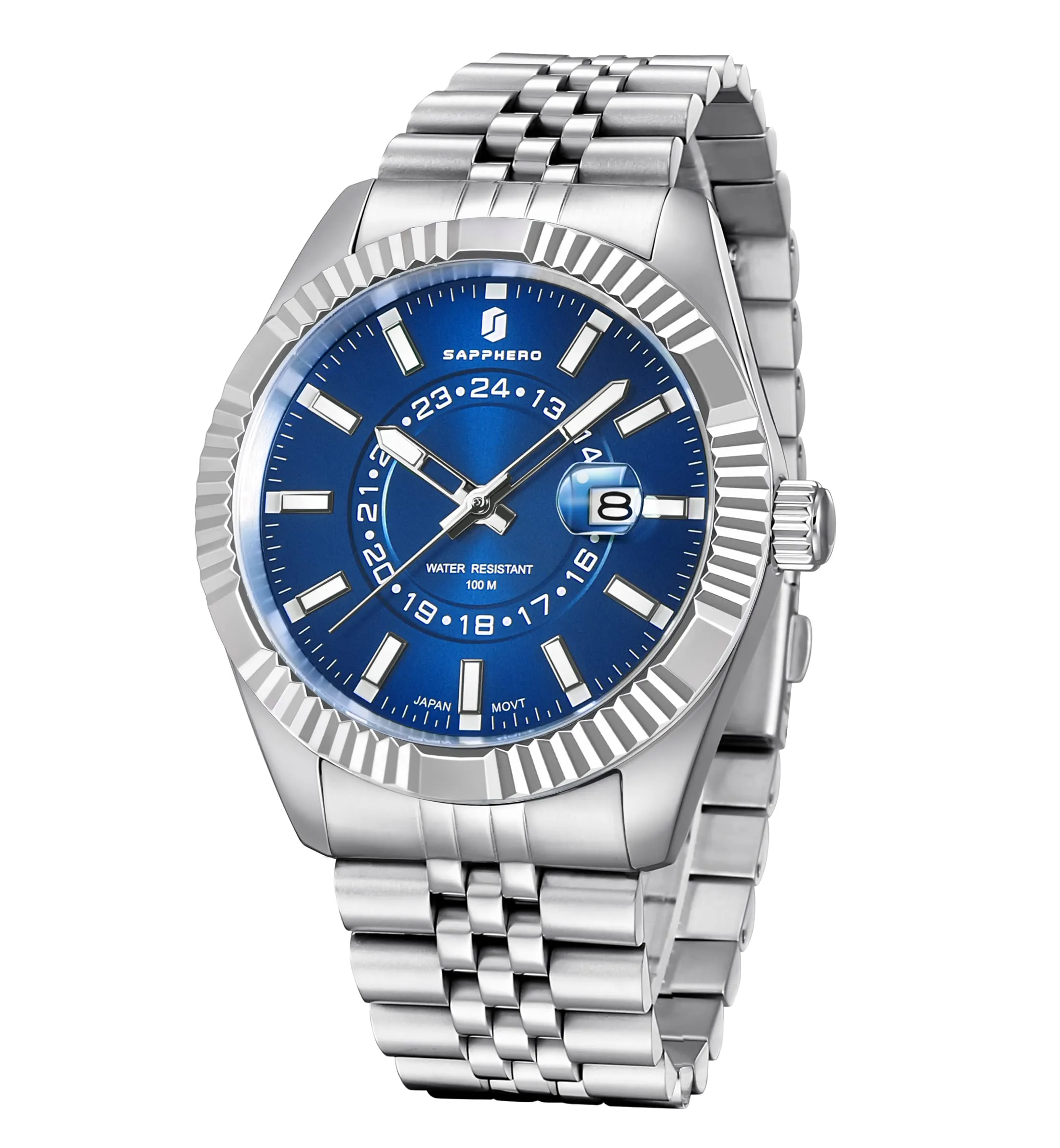 SAPPHERO Orologio Uomo Analogico al Quarzo Cronografo, Cinturino in Acciaio, Argento-Blu - immagine 1
