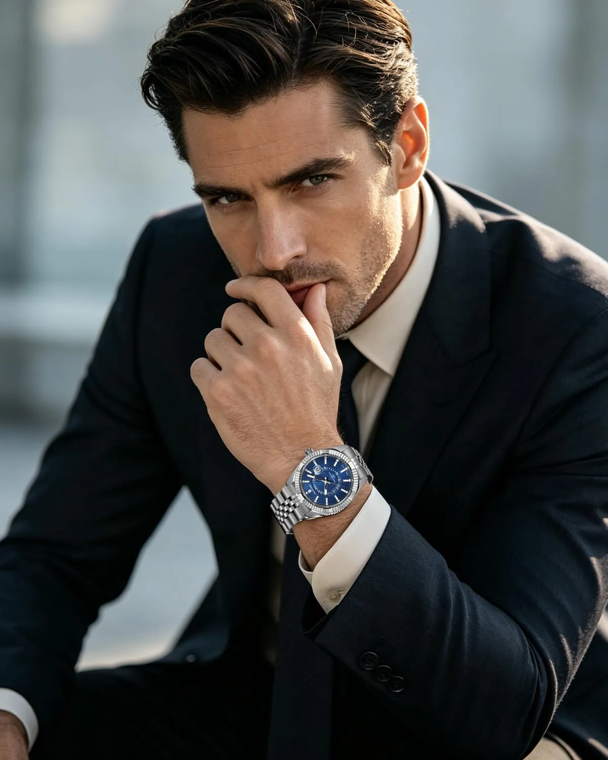 SAPPHERO Orologio Uomo Analogico al Quarzo Cronografo, Cinturino in Acciaio, Argento-Blu - immagine 2