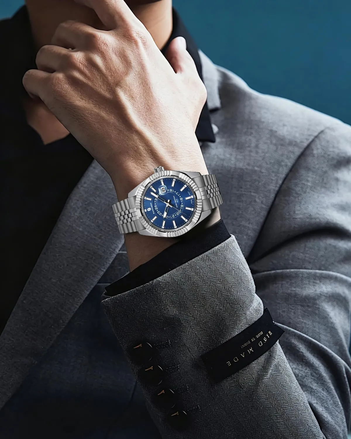 SAPPHERO Orologio Uomo Analogico al Quarzo Cronografo, Cinturino in Acciaio, Argento-Blu - immagine 3