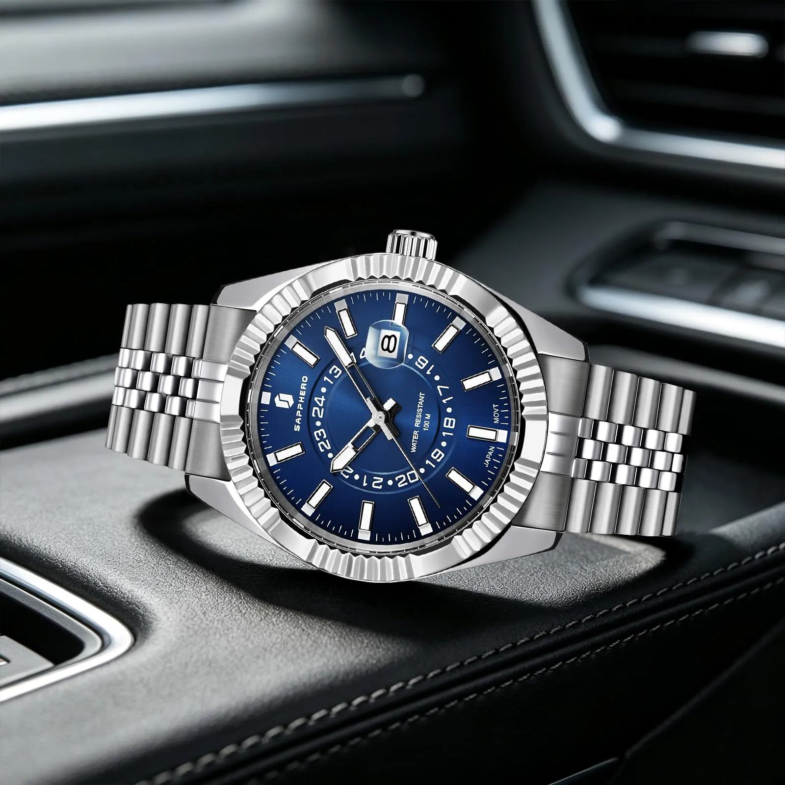 SAPPHERO Orologio Uomo Analogico al Quarzo Cronografo, Cinturino in Acciaio, Argento-Blu - immagine 4