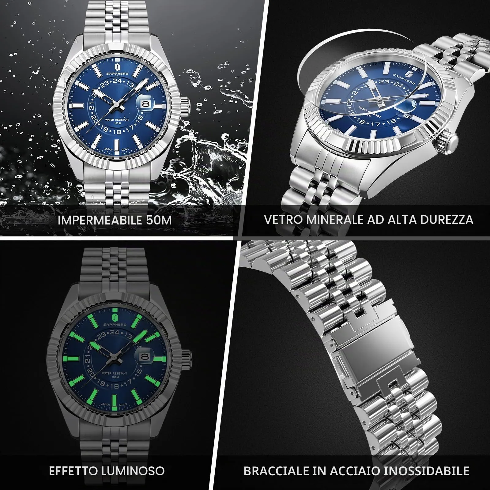 SAPPHERO Orologio Uomo Analogico al Quarzo Cronografo, Cinturino in Acciaio, Argento-Blu - immagine 5