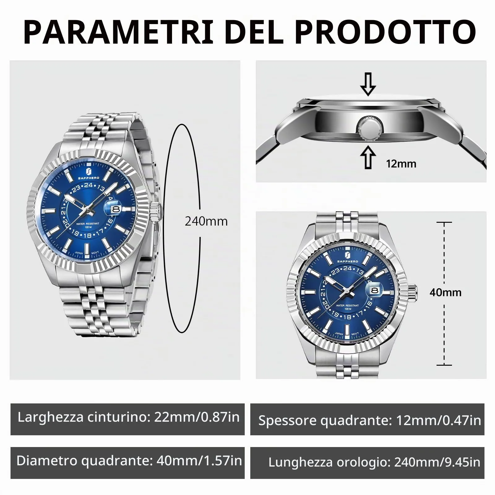 SAPPHERO Orologio Uomo Analogico al Quarzo Cronografo, Cinturino in Acciaio, Argento-Blu - immagine 6