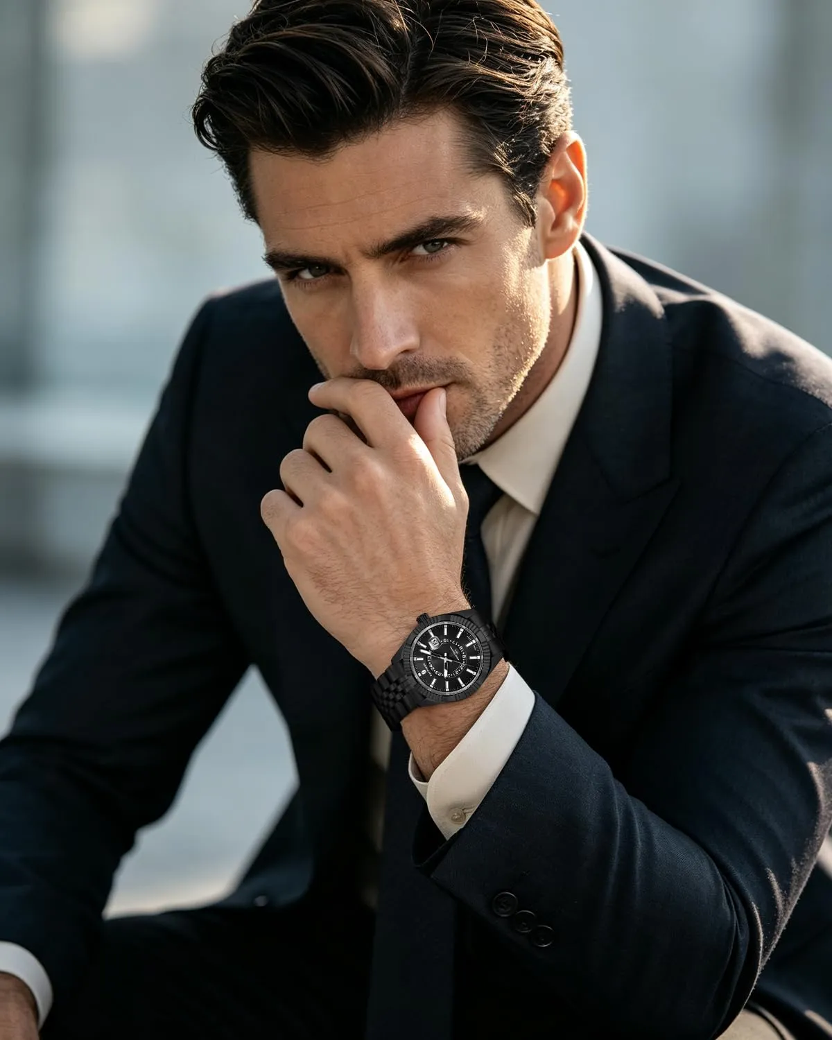 SAPPHERO Orologio Uomo Analogico al Quarzo Cronografo, Impermeabile, Cinturino in Acciaio, Nero - immagine 2