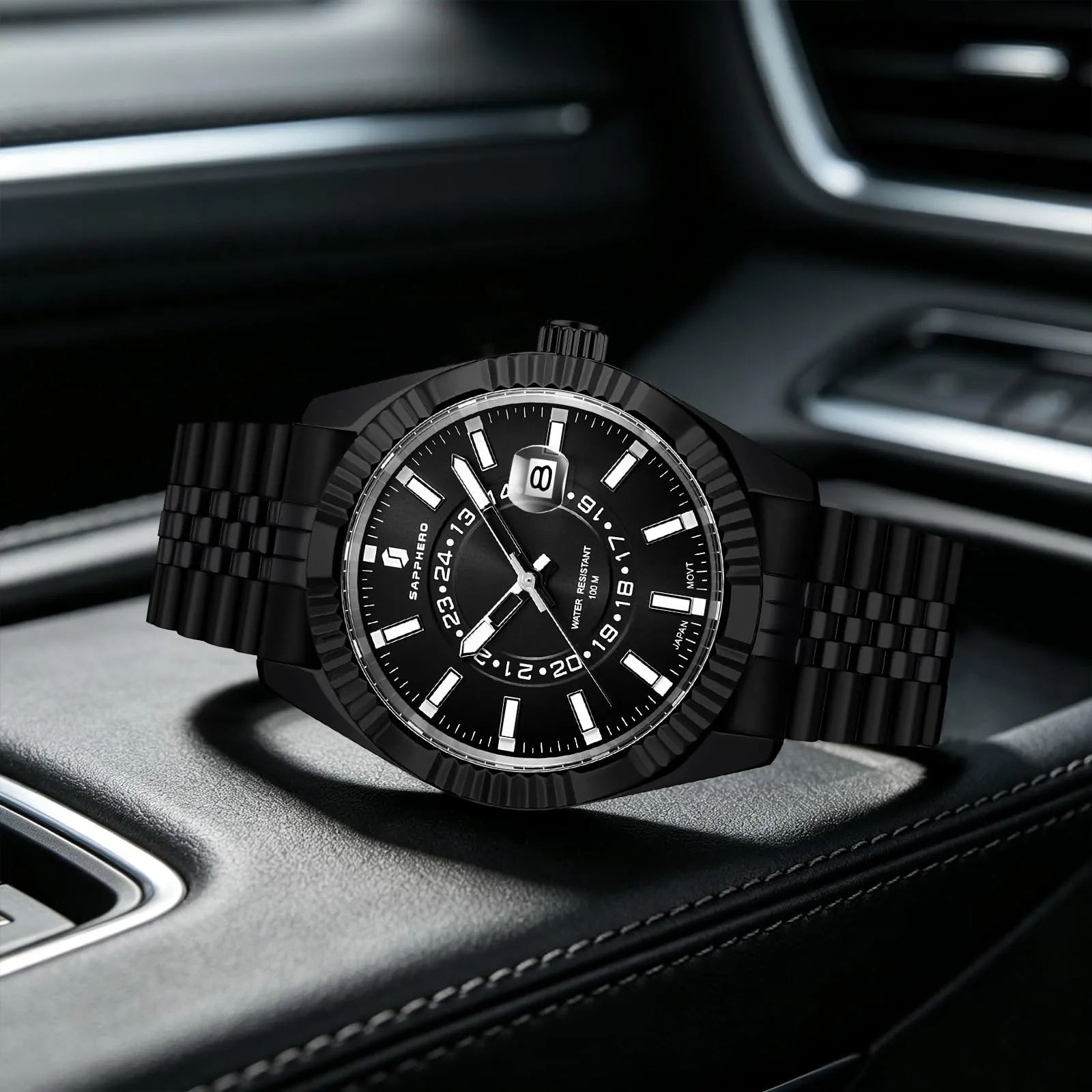 SAPPHERO Orologio Uomo Analogico al Quarzo Cronografo, Impermeabile, Cinturino in Acciaio, Nero - immagine 4