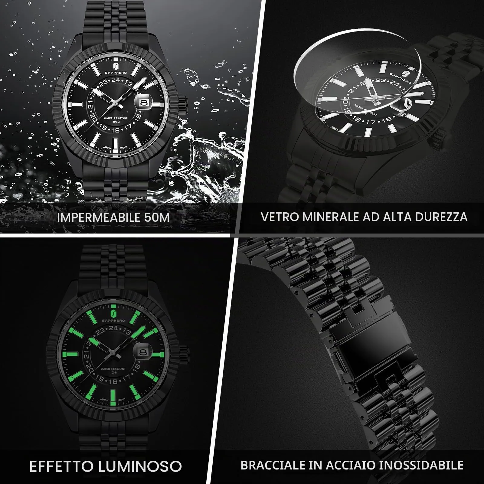 SAPPHERO Orologio Uomo Analogico al Quarzo Cronografo, Impermeabile, Cinturino in Acciaio, Nero - immagine 5