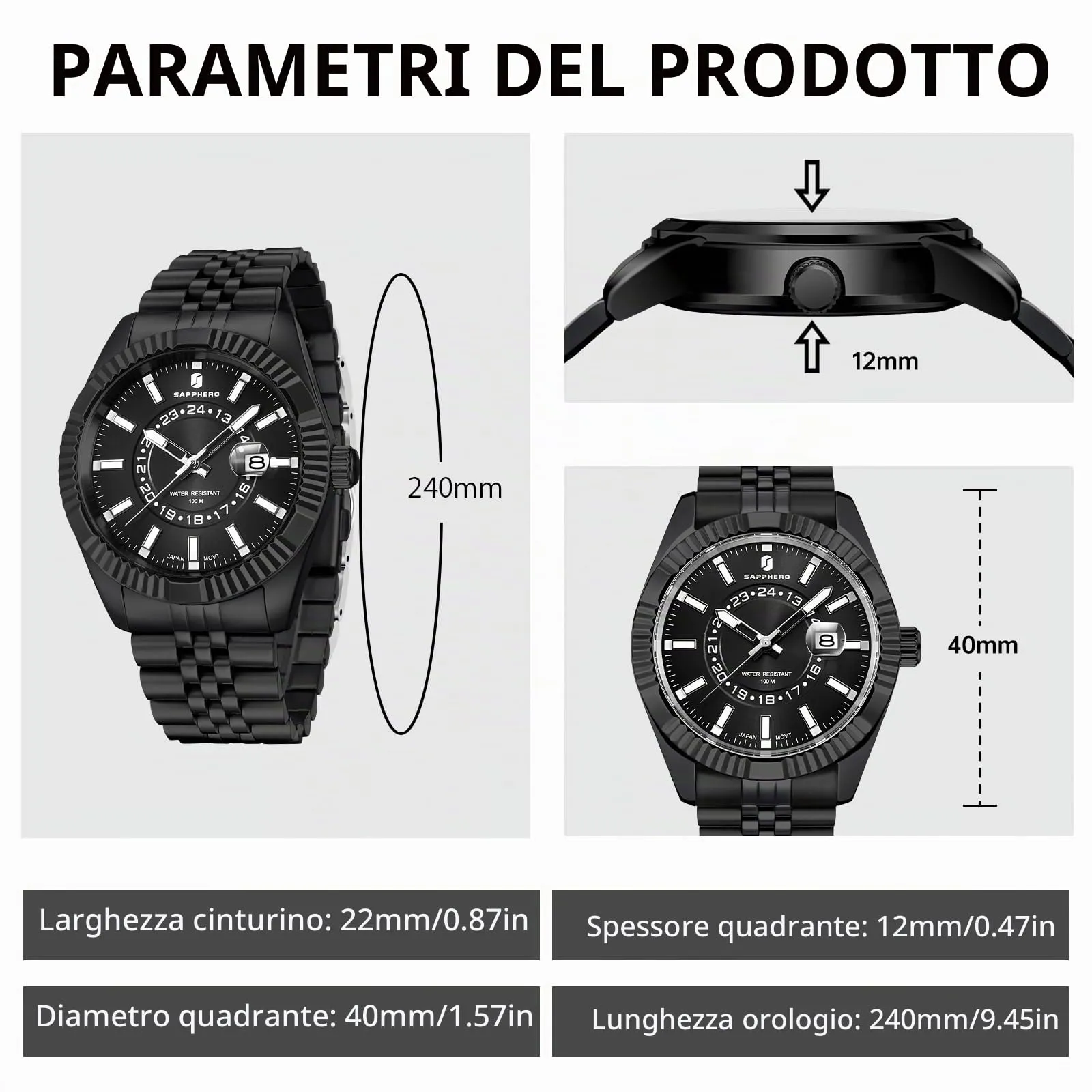 SAPPHERO Orologio Uomo Analogico al Quarzo Cronografo, Impermeabile, Cinturino in Acciaio, Nero - immagine 6