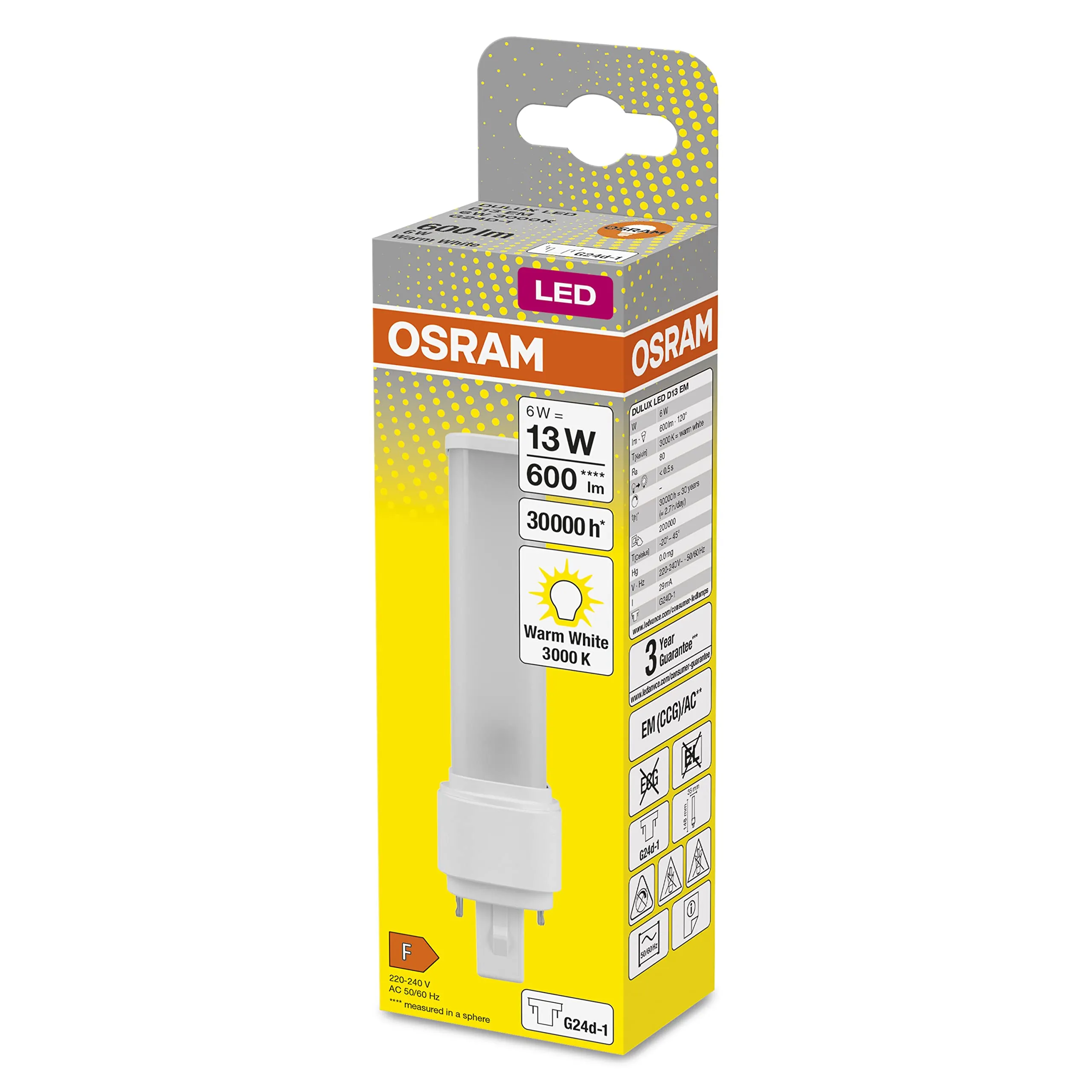 OSRAM LED Lampada DULUX D 13 G24D-1, 6W, 600 lumen, Bianco Caldo 3000K, Ruotabile, Sostituzione 13W - immagine 2