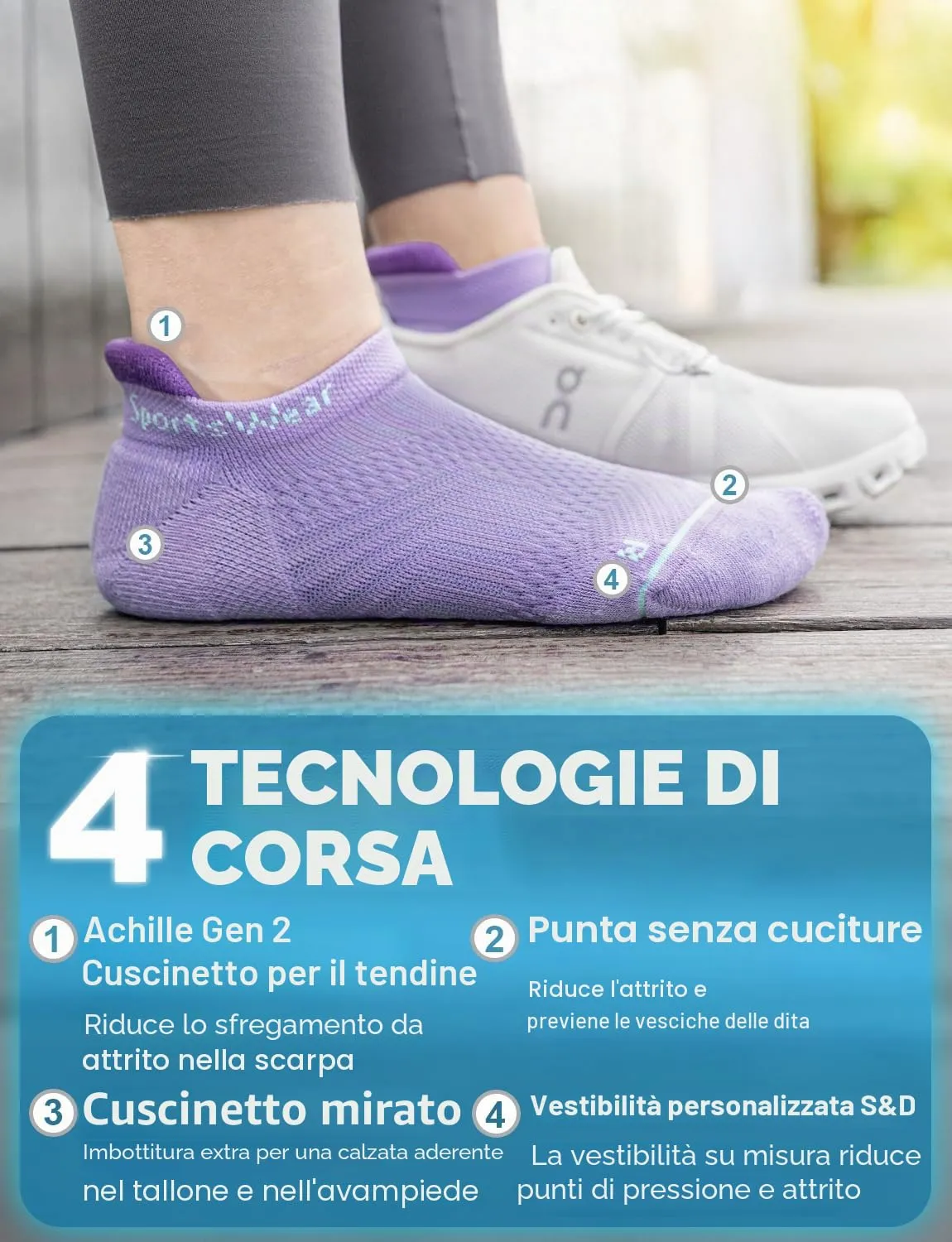 Juclise Calzini da corsa invisibili a compressione Coolmax Bamboo da donna, 38-42, Viola Carico+Roccia Lunare+Bianco Viola - immagine 4