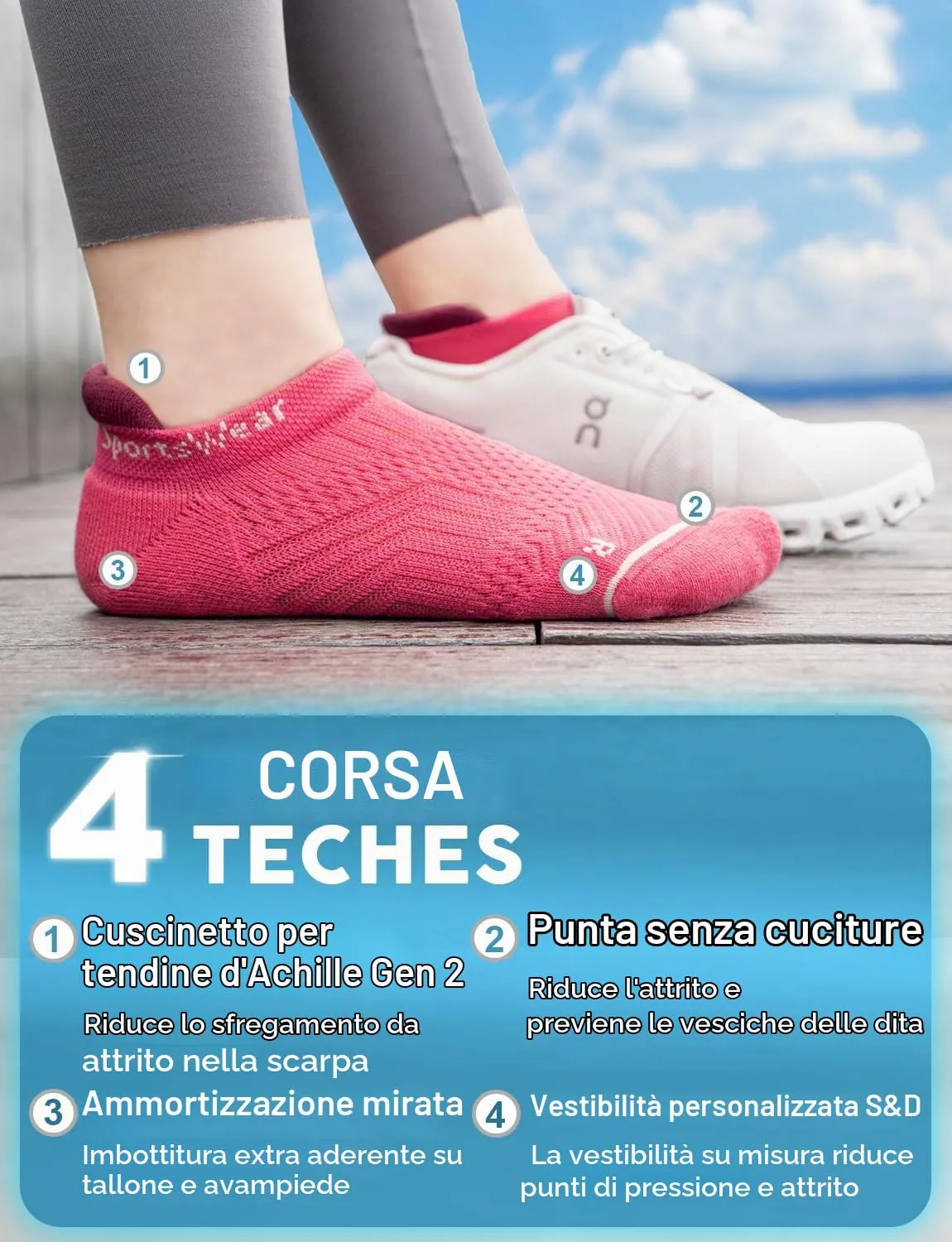 Juclise Calzini da Corsa Invisibili a Compressione Coolmax Bamboo da Donna, 42-47, Melone Sabbioso+Rosa Polveroso+Anguria - immagine 4