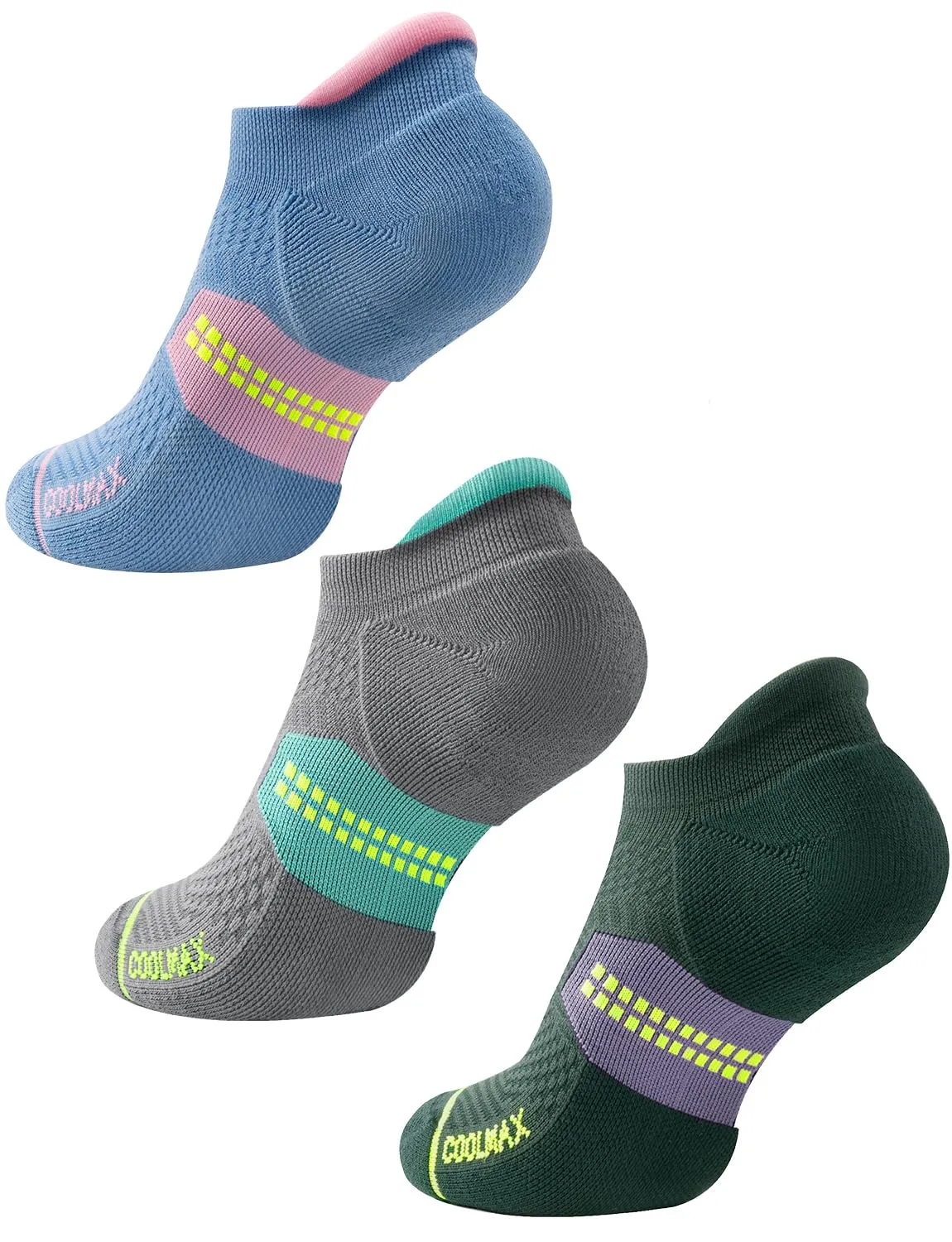 Juclise Calzini da corsa invisibili a compressione Coolmax Bamboo da donna, Acqua Grigio Medio+Blu Reale+Verde Retrò, 38-42 - immagine 1