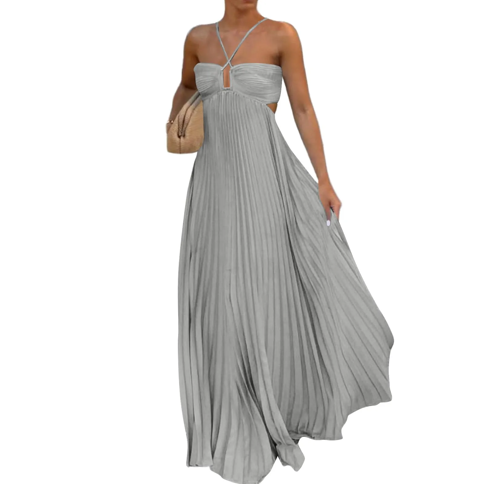 TOFOTL Abito Donna Elegante Schiena Scoperta e Spalle Scoperte Vestito Lungo Maxi Plissettato Grigio S - immagine 1