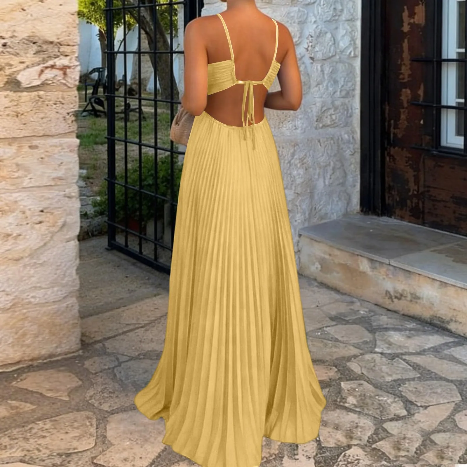 TOFOTL Abito Maxi Plissettato Senza Maniche con Spalle e Schiena Scoperta Giallo S - immagine 3