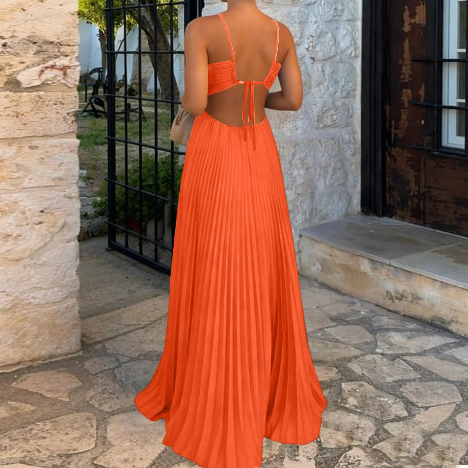 TOFOTL Vestito Maxi Donna Plissettato con Spalle e Schiena Scoperta, Senza Maniche, Arancia, S - immagine 3