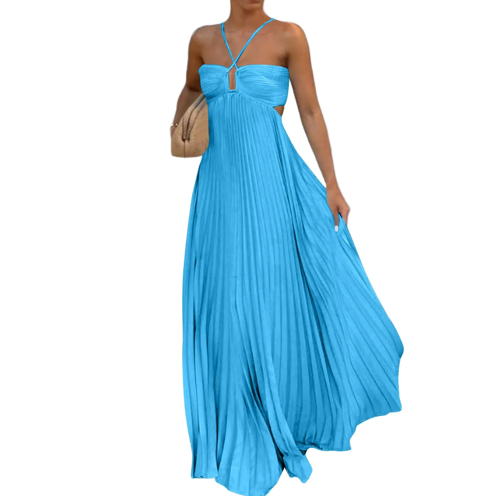 TOFOTL Abito Lungo Maxi Elegante con Spalle Scoperte e Plissettato Blu S - immagine 1