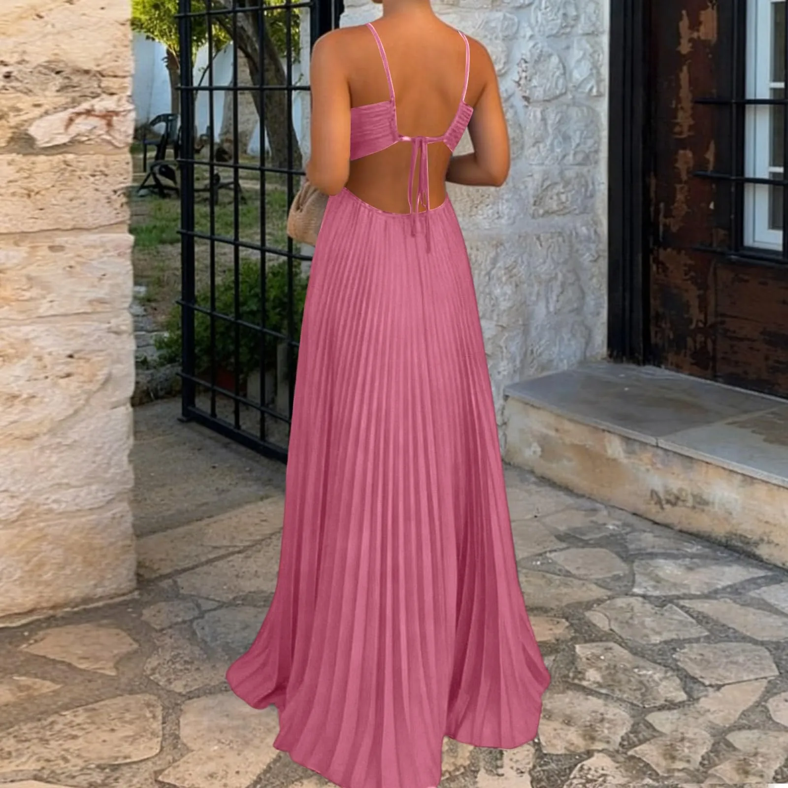 TOFOTL Vestito Donna Estivo Lungo Spalle Scoperte Maxi Plissettato Rosa XL - immagine 3