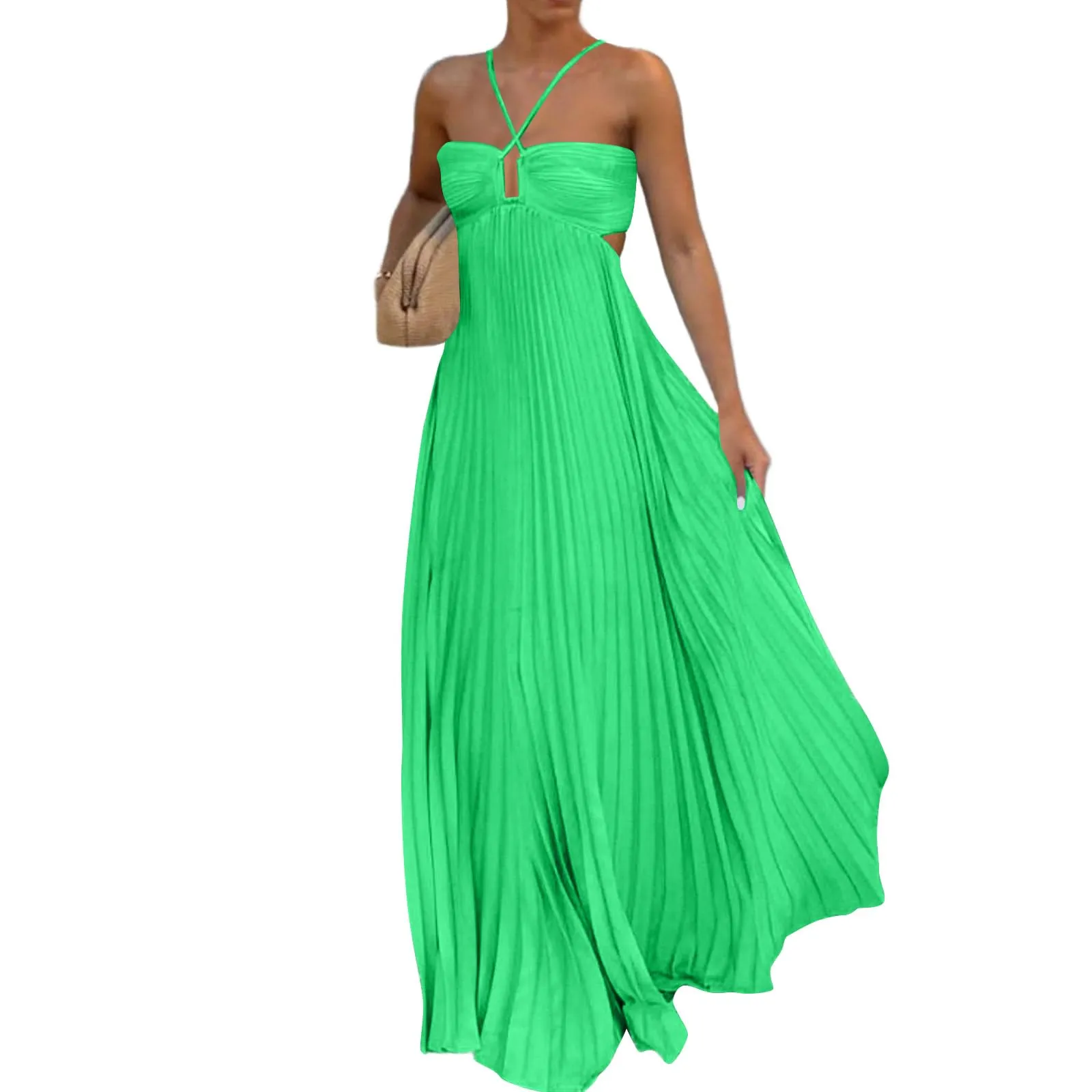 TOFOTL Abito Maxi Plissettato Elegante Senza Maniche con Spalline Sottili Verde S - immagine 1