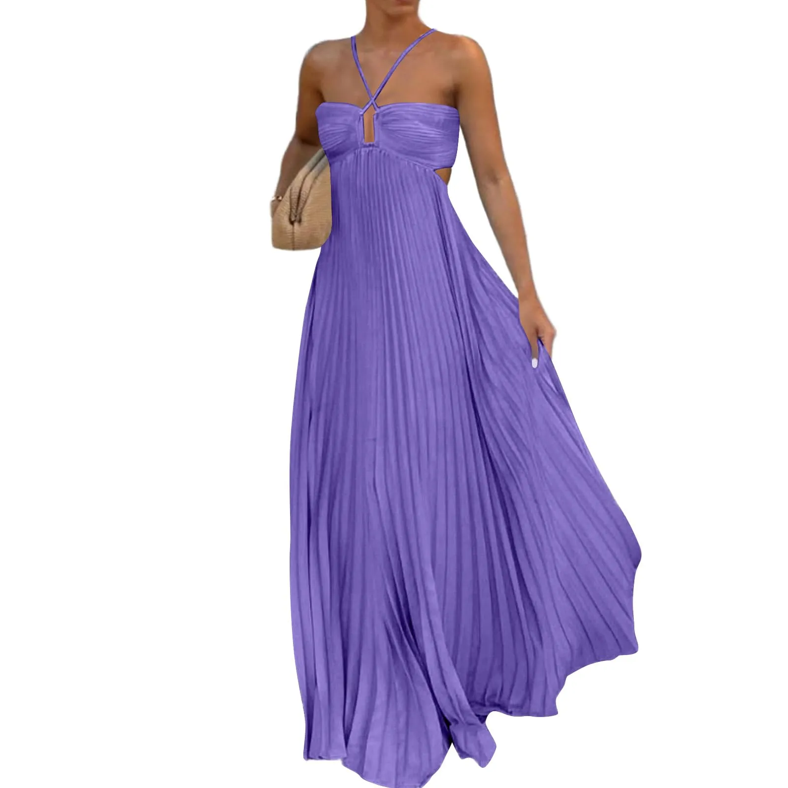 TOFOTL Vestito Lungo Elegante Donna Schiena Scoperta Plissettato Senza Maniche Viola S - immagine 1