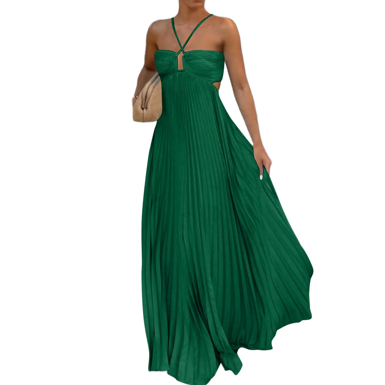 TOFOTL Vestito Lungo Spalle Scoperte Senza Maniche Plissettato Maxi Verde Militare XL - immagine 1