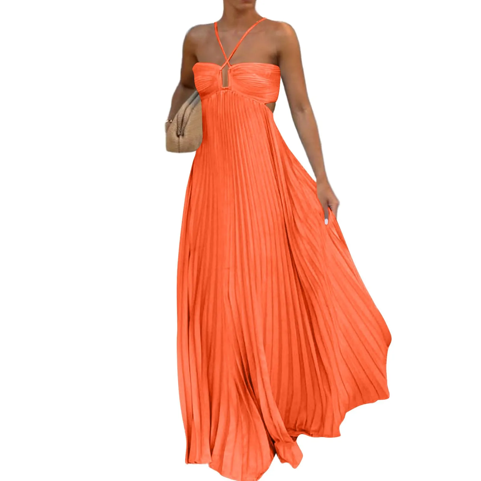 TOFOTL Vestito Donna Estivo Lungo Plissettato con Spalle Scoperte, Senza Maniche, Maxi, Arancia, M - immagine 1