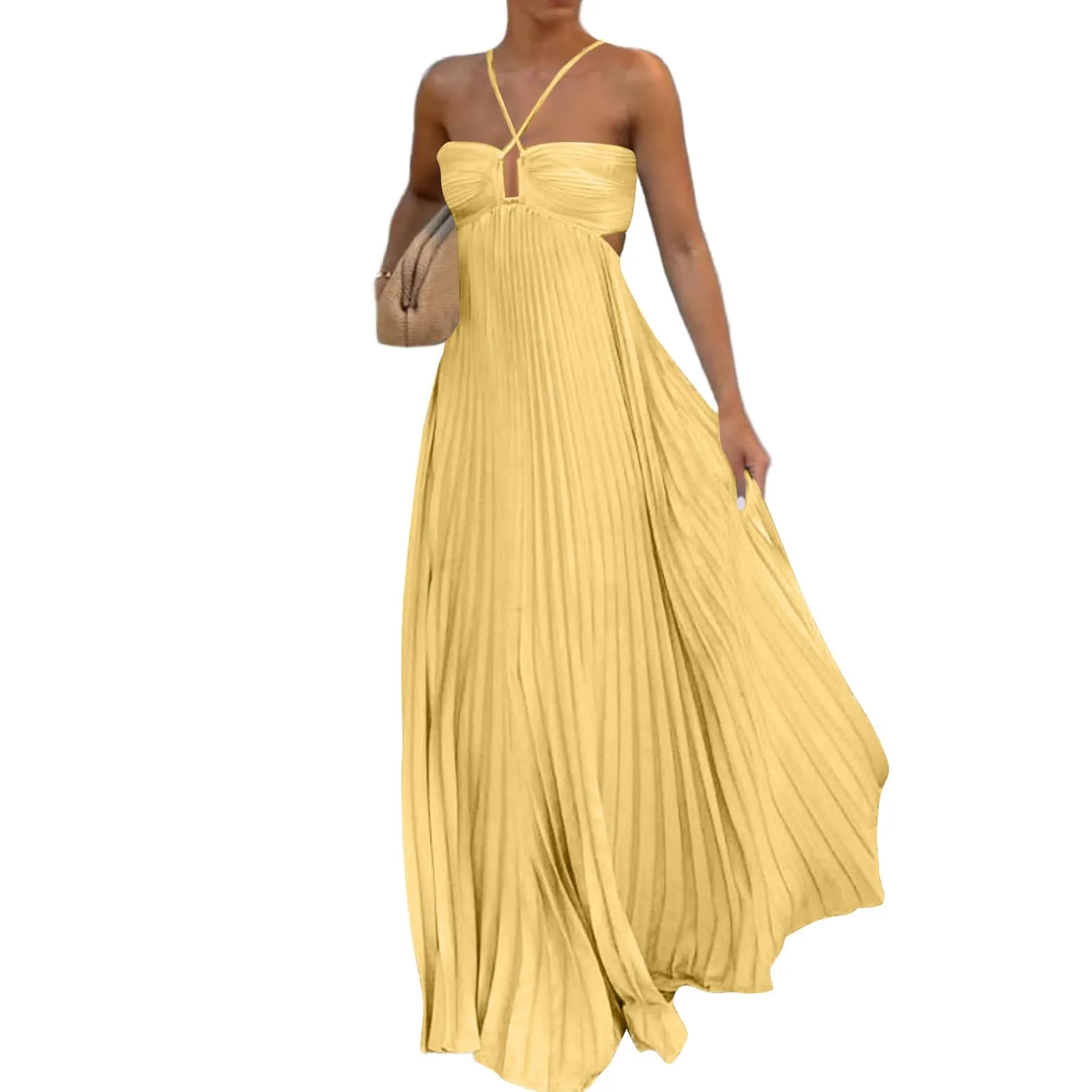 TOFOTL Vestito Donna Elegante Senza Maniche con Spalline Sottili e Schiena Scoperta, Maxi Lungo Plissettato, Giallo, M - immagine 1