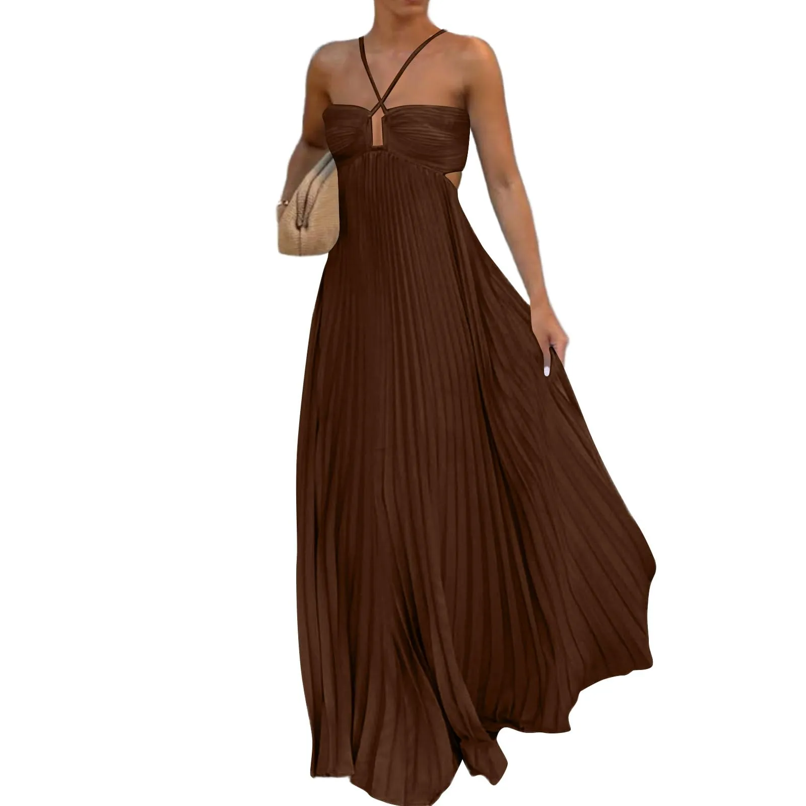 TOFOTL Abito Donna Elegante Maxi con Schiena Scoperta Plissettato Senza Maniche, Caffè, S - immagine 1