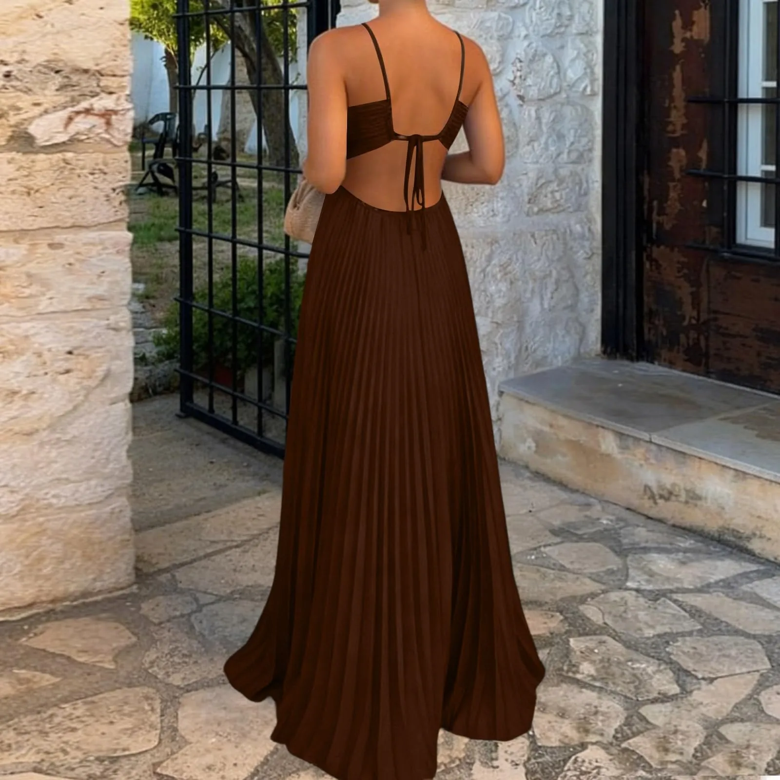 TOFOTL Abito Donna Elegante Maxi con Schiena Scoperta Plissettato Senza Maniche, Caffè, S - immagine 3