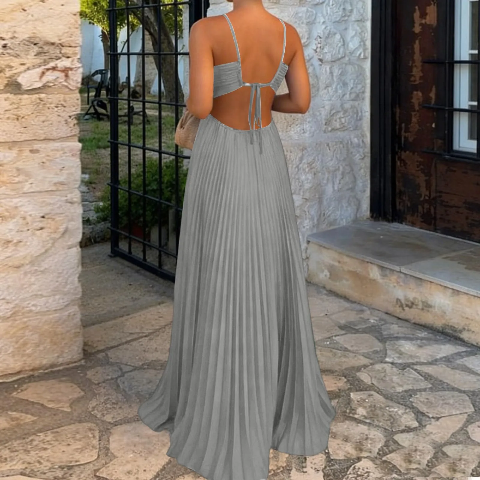 TOFOTL Abito Elegante Donna Plissettato Maxi Senza Maniche Spalle Scoperte Grigio M - immagine 3