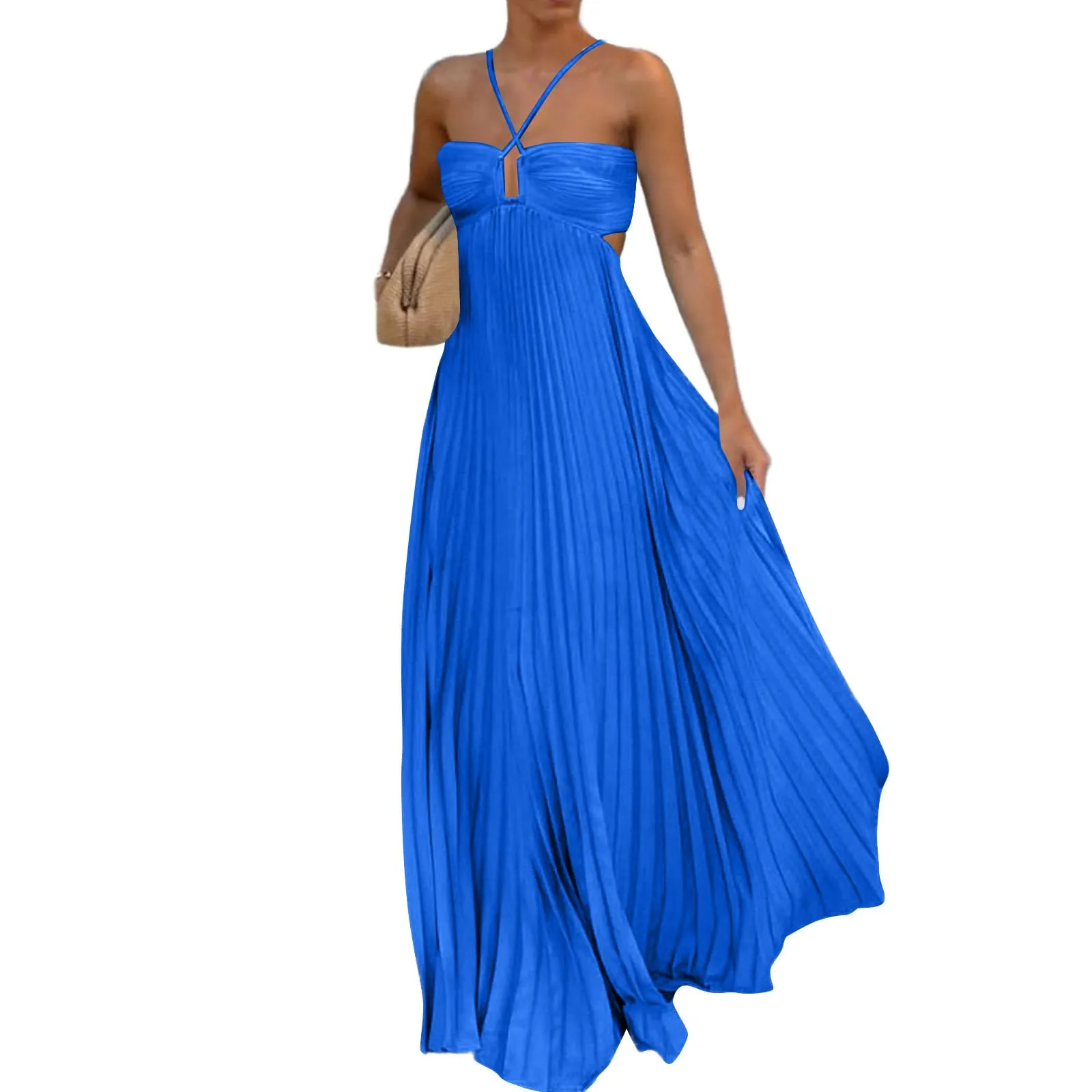 TOFOTL Vestito Lungo Elegante Donna Abito da Sera Plissettato Senza Maniche Maxi Schiena Scoperta Blu Reale XL - immagine 1