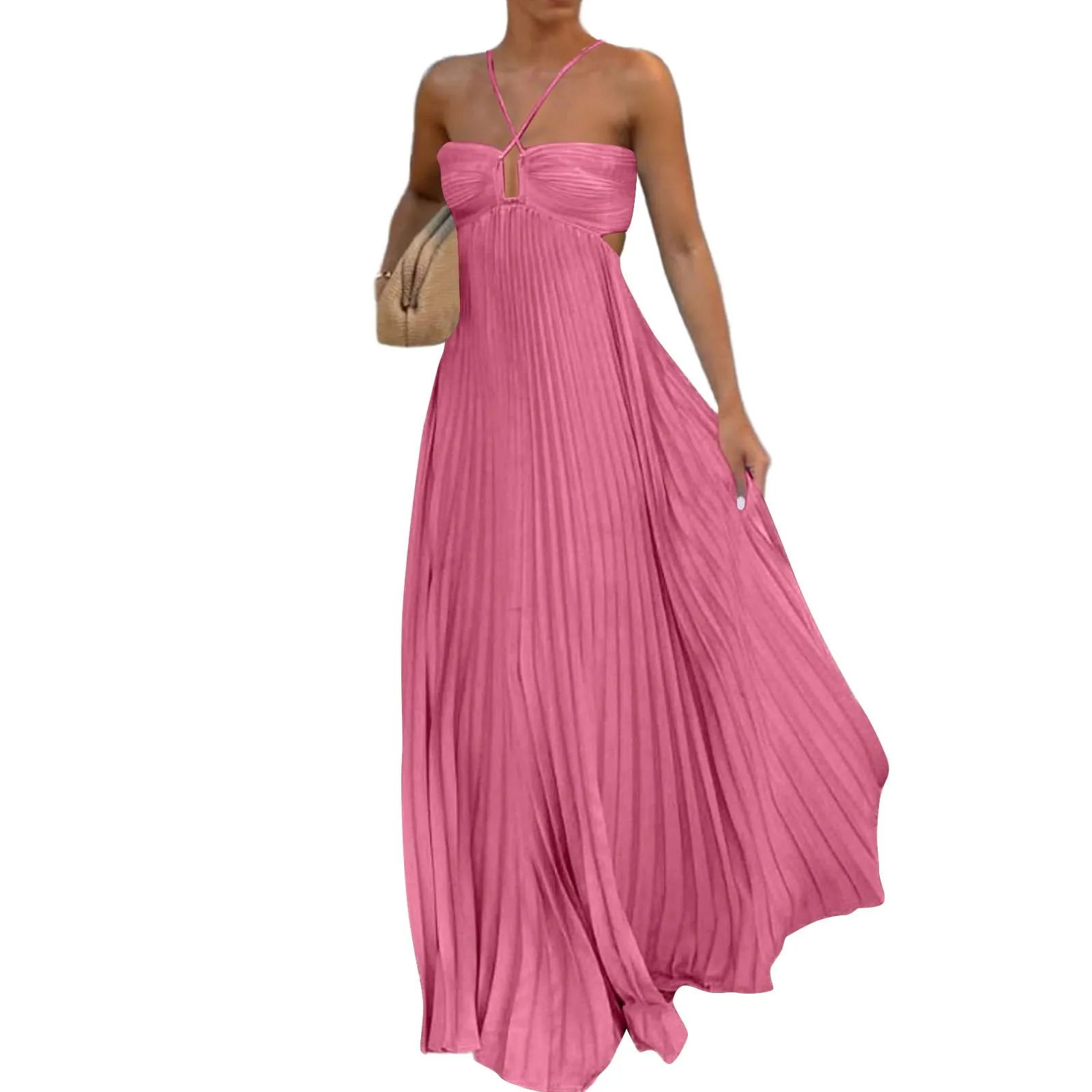 TOFOTL Vestito Donna Primavera Senza Maniche Plissettato Lungo con Spalle Scoperte Rosa M - immagine 1
