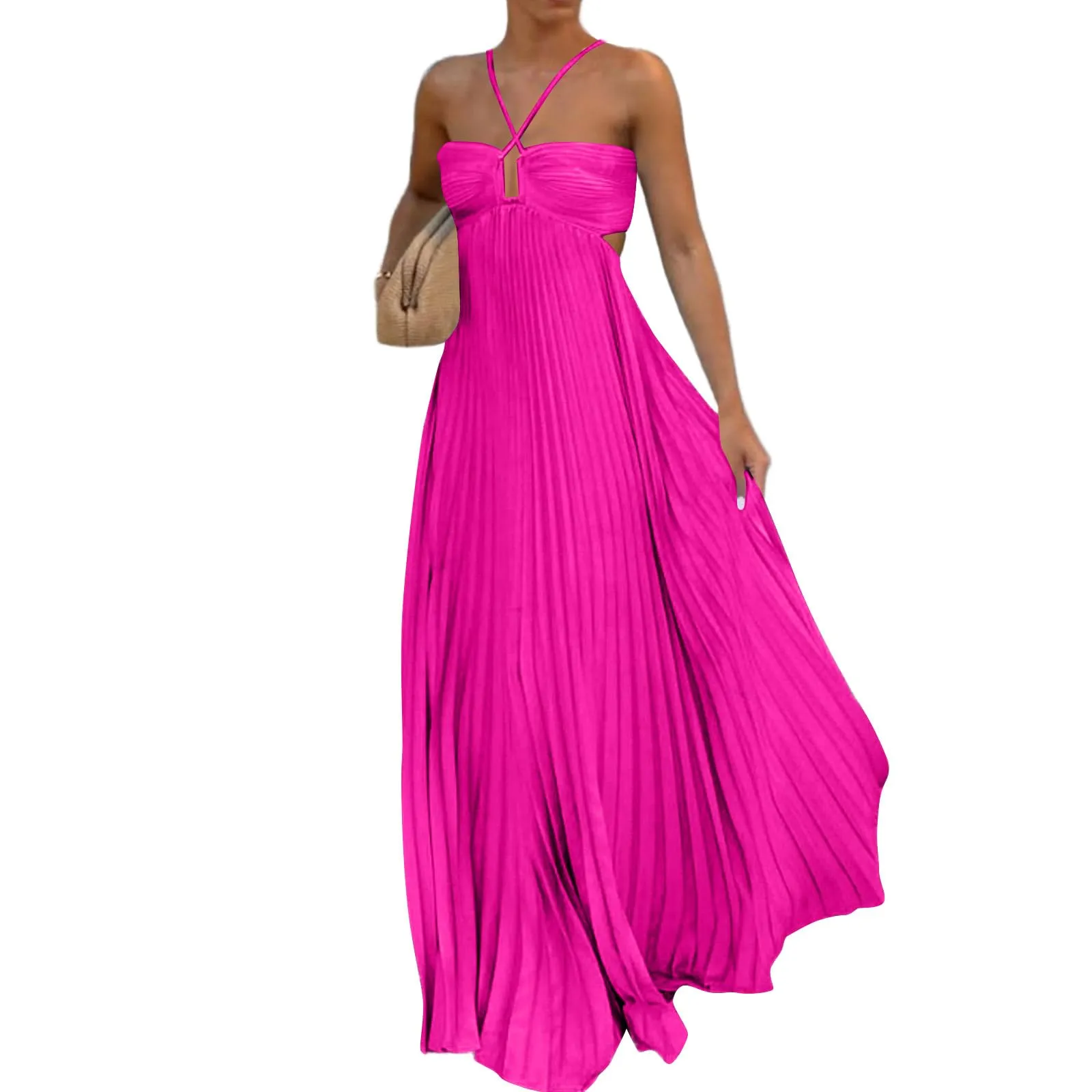 TOFOTL Vestito Lungo Elegante Donna Schiena Scoperta Maxi Senza Maniche Plissettato Rosa Calda S - immagine 1