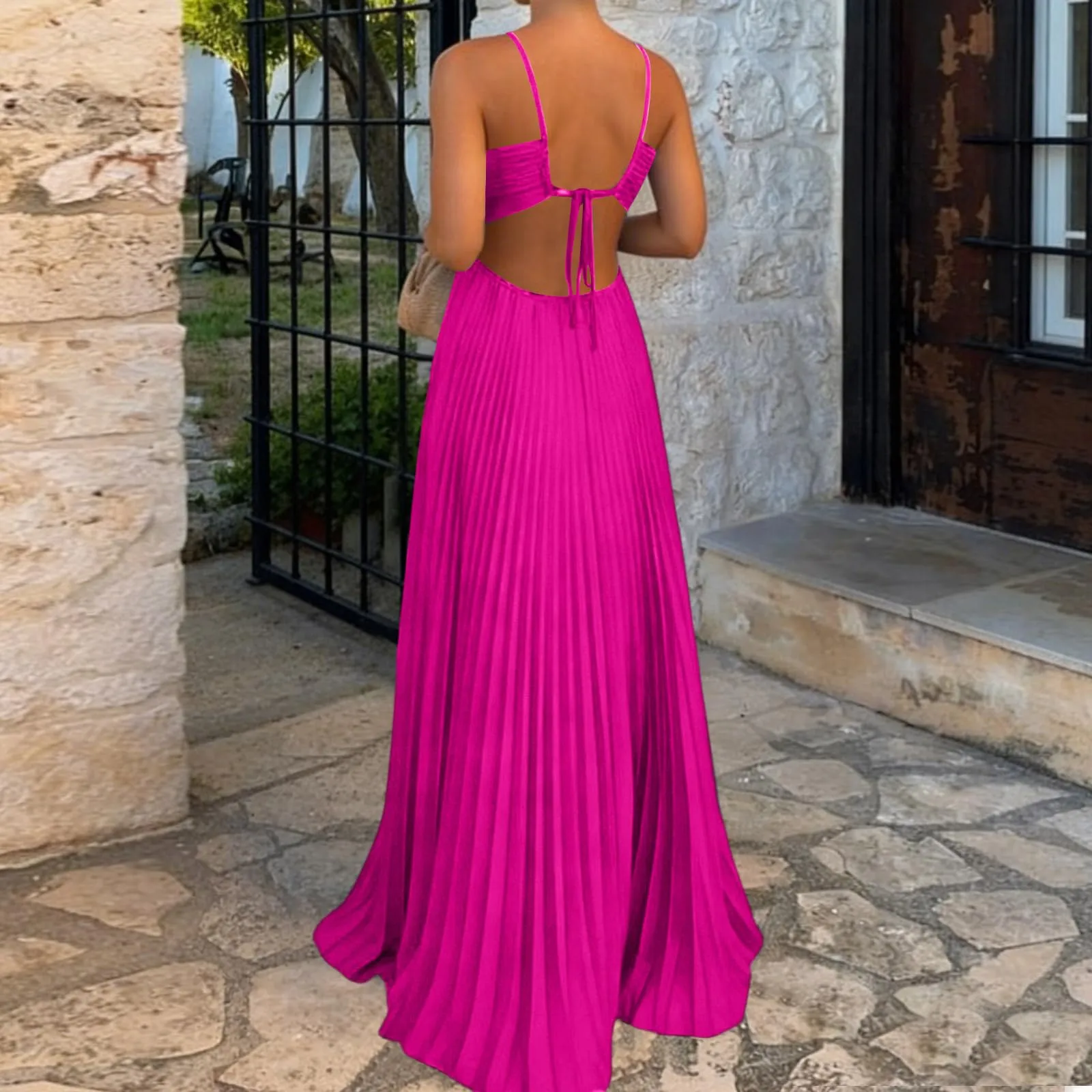 TOFOTL Vestito Lungo Elegante Donna Schiena Scoperta Maxi Senza Maniche Plissettato Rosa Calda S - immagine 3